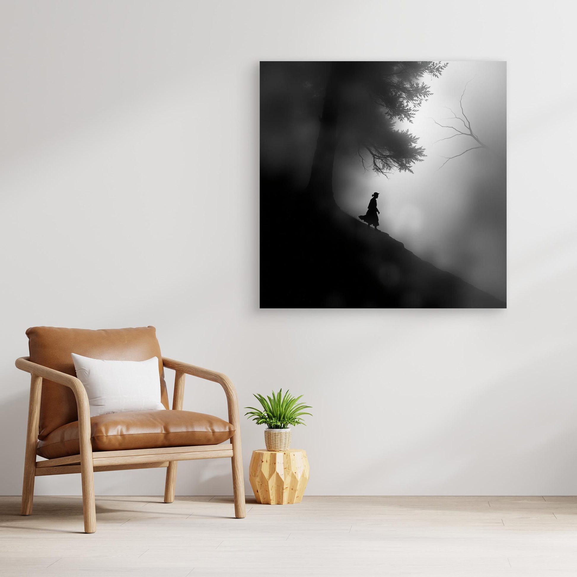 Mystic Walk Through the Fog – Black and White Nature Canvas Wall Art
