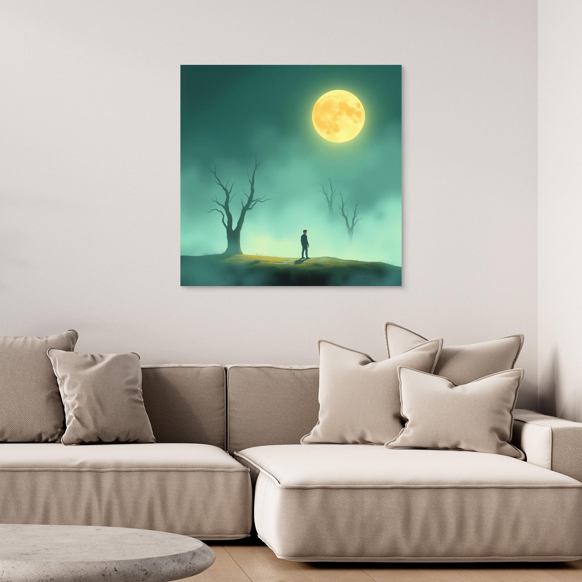 Minimalist Moonlight Silence – Serene Canvas Wall Art in Fog and Full Moonlight