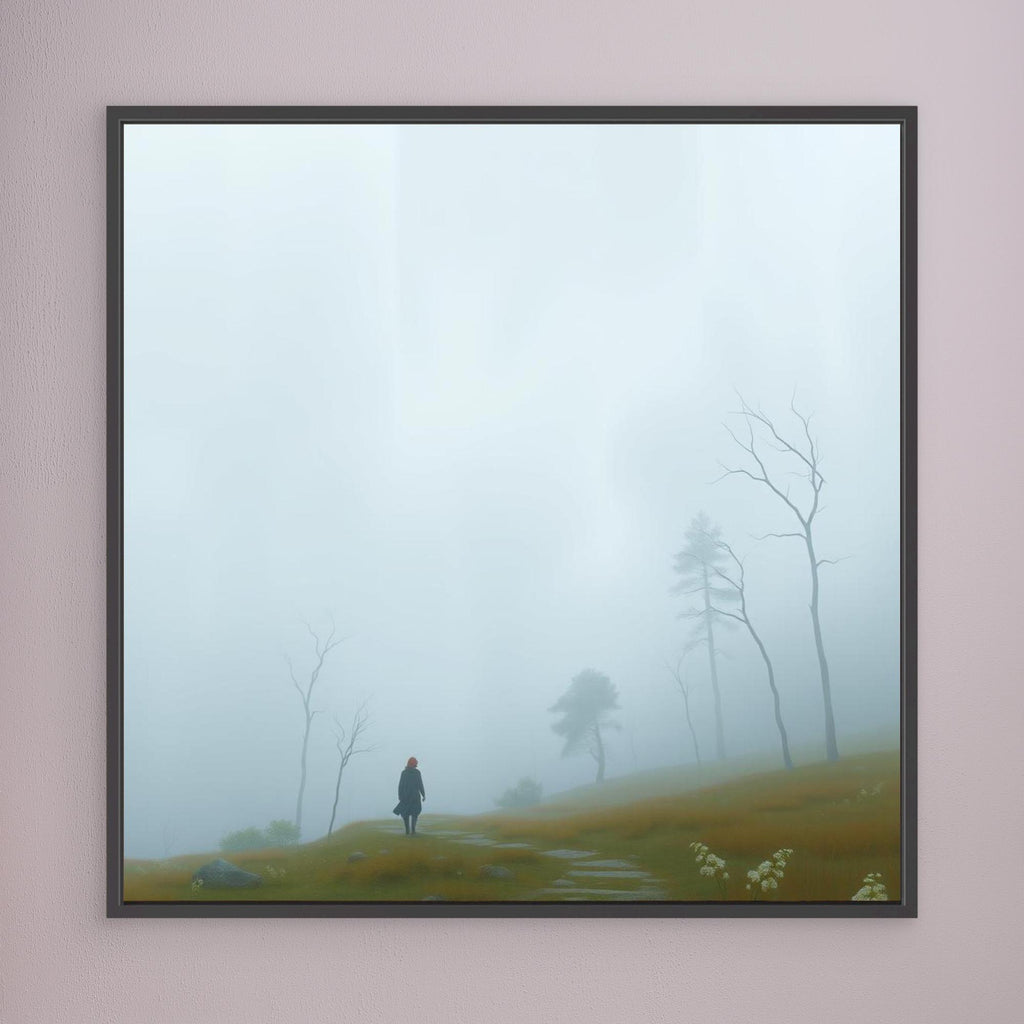 Into the Mist – Minimalist Canvas Wall Art of Woman Walking Through Foggy Landscape