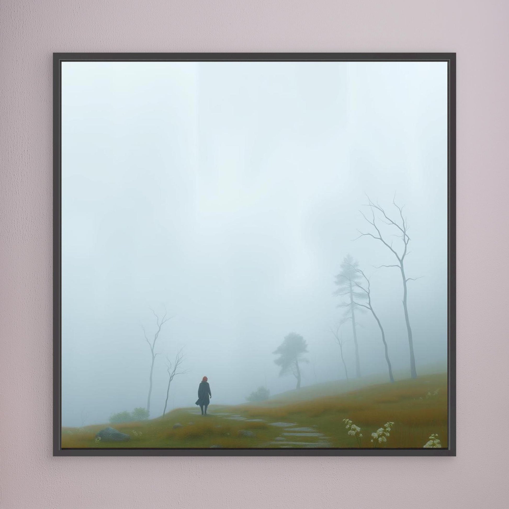 Into the Mist – Minimalist Canvas Wall Art of Woman Walking Through Foggy Landscape