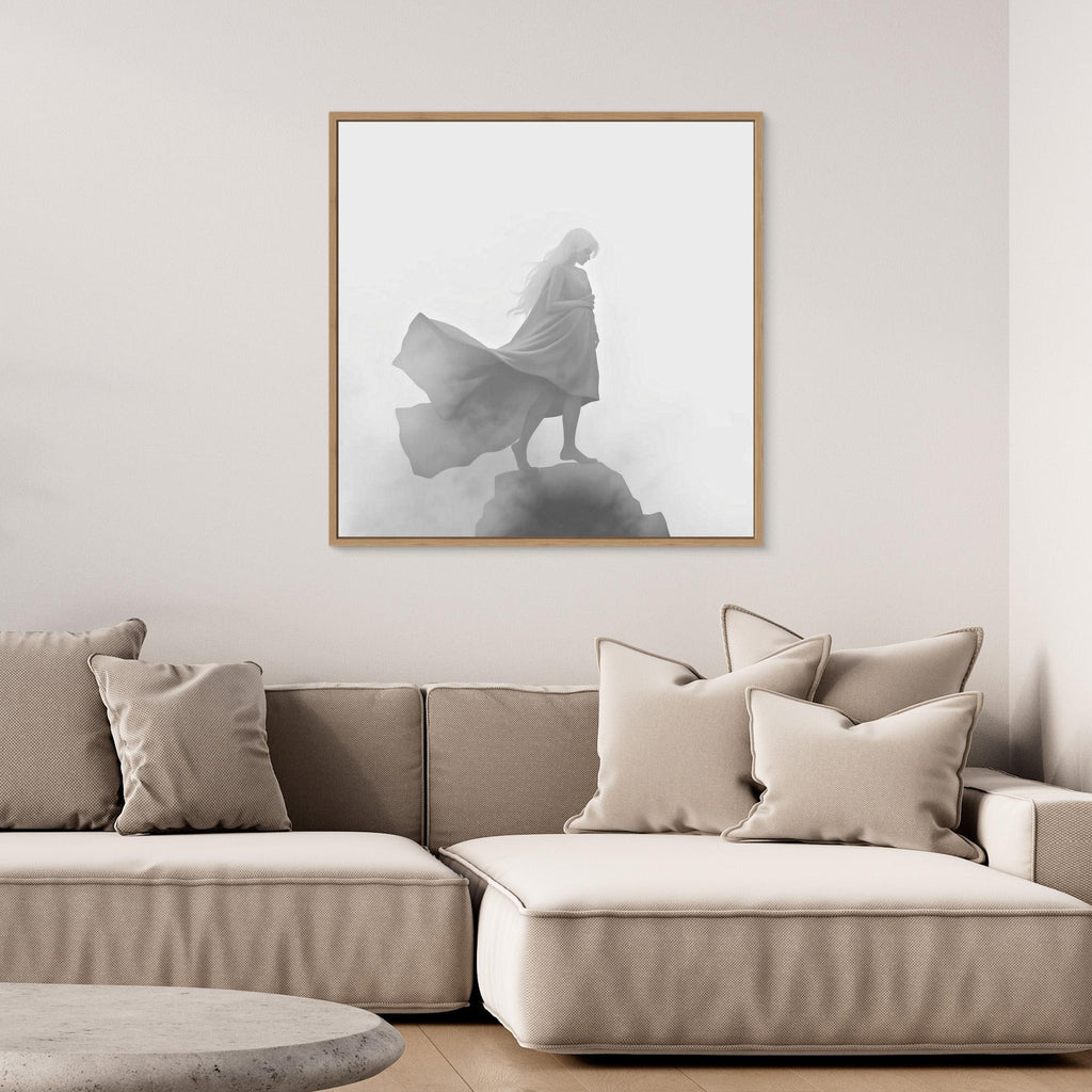 Veil of the Mist – Minimalist Black and White Canvas Wall Art of a Mysterious Woman in the Fog