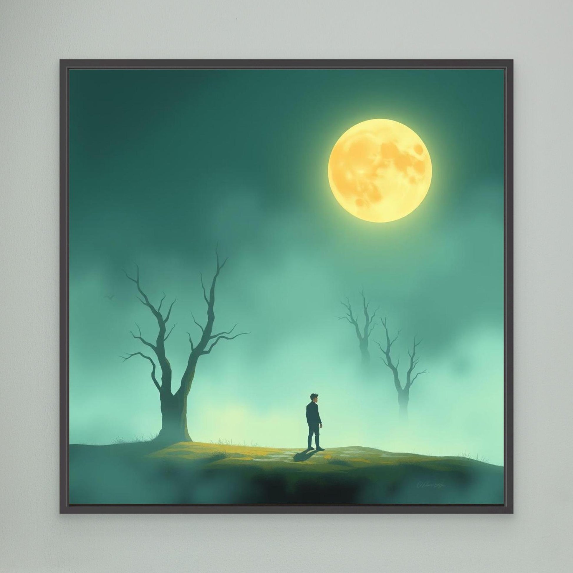 Minimalist Moonlight Silence – Serene Canvas Wall Art in Fog and Full Moonlight