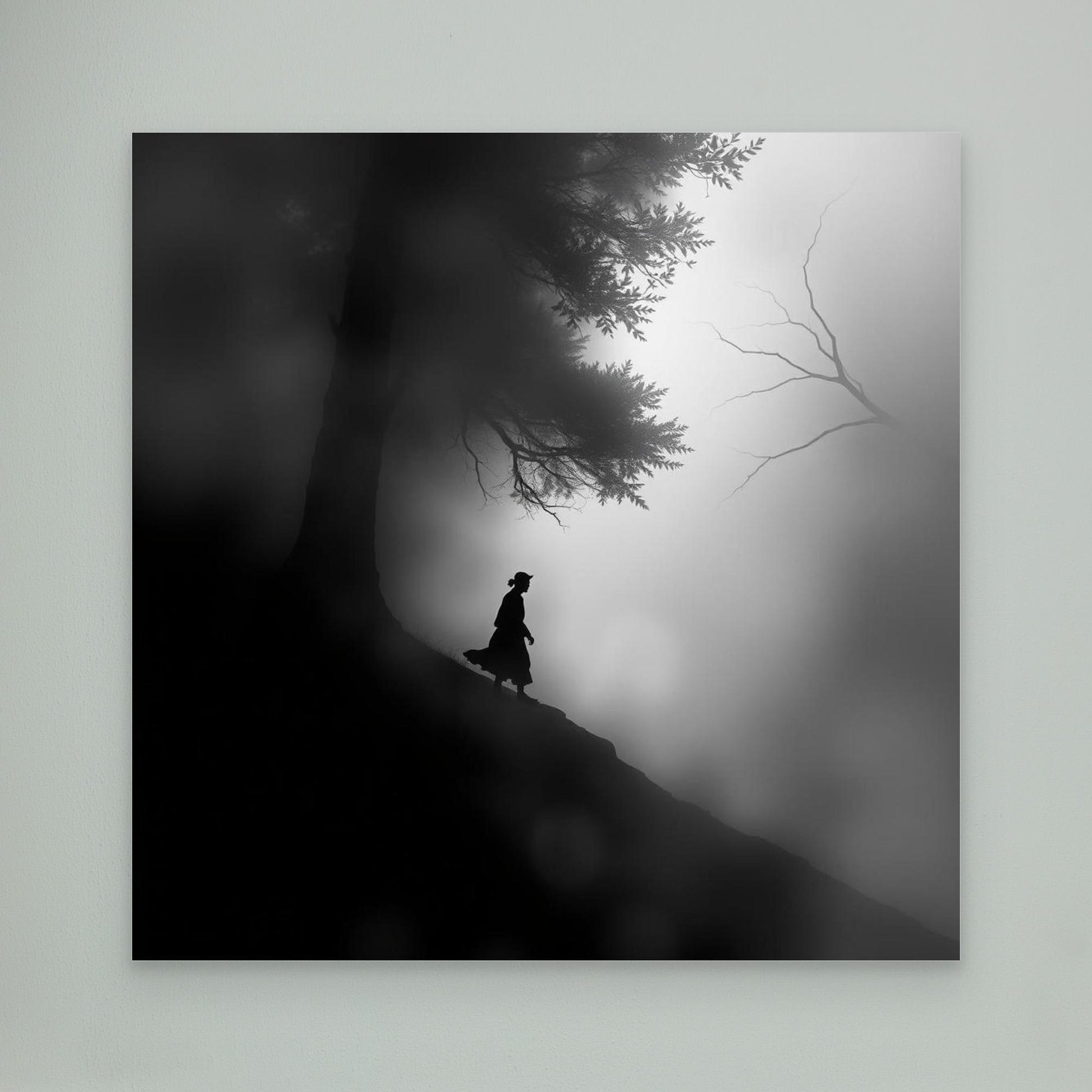 Mystic Walk Through the Fog – Black and White Nature Canvas Wall Art