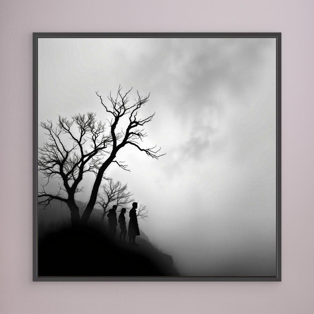 Edge of Silence – Minimalist Black & White Canvas Art | Surreal Fog Landscape with Silhouettes