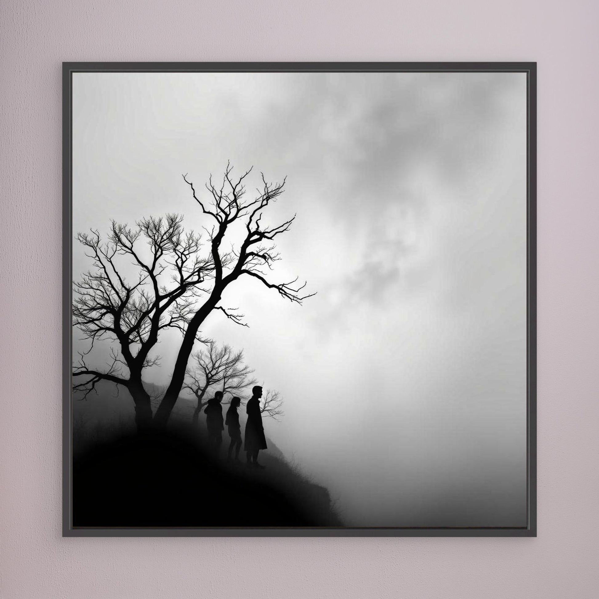 Edge of Silence – Minimalist Black & White Canvas Art | Surreal Fog Landscape with Silhouettes