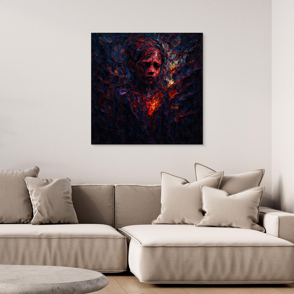 Figurative Fire Portrait – Dark Emotional Canvas Wall Art