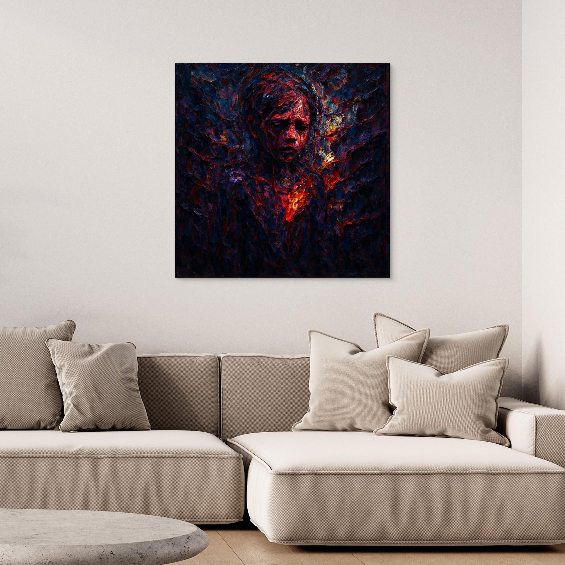Figurative Fire Portrait – Dark Emotional Canvas Wall Art