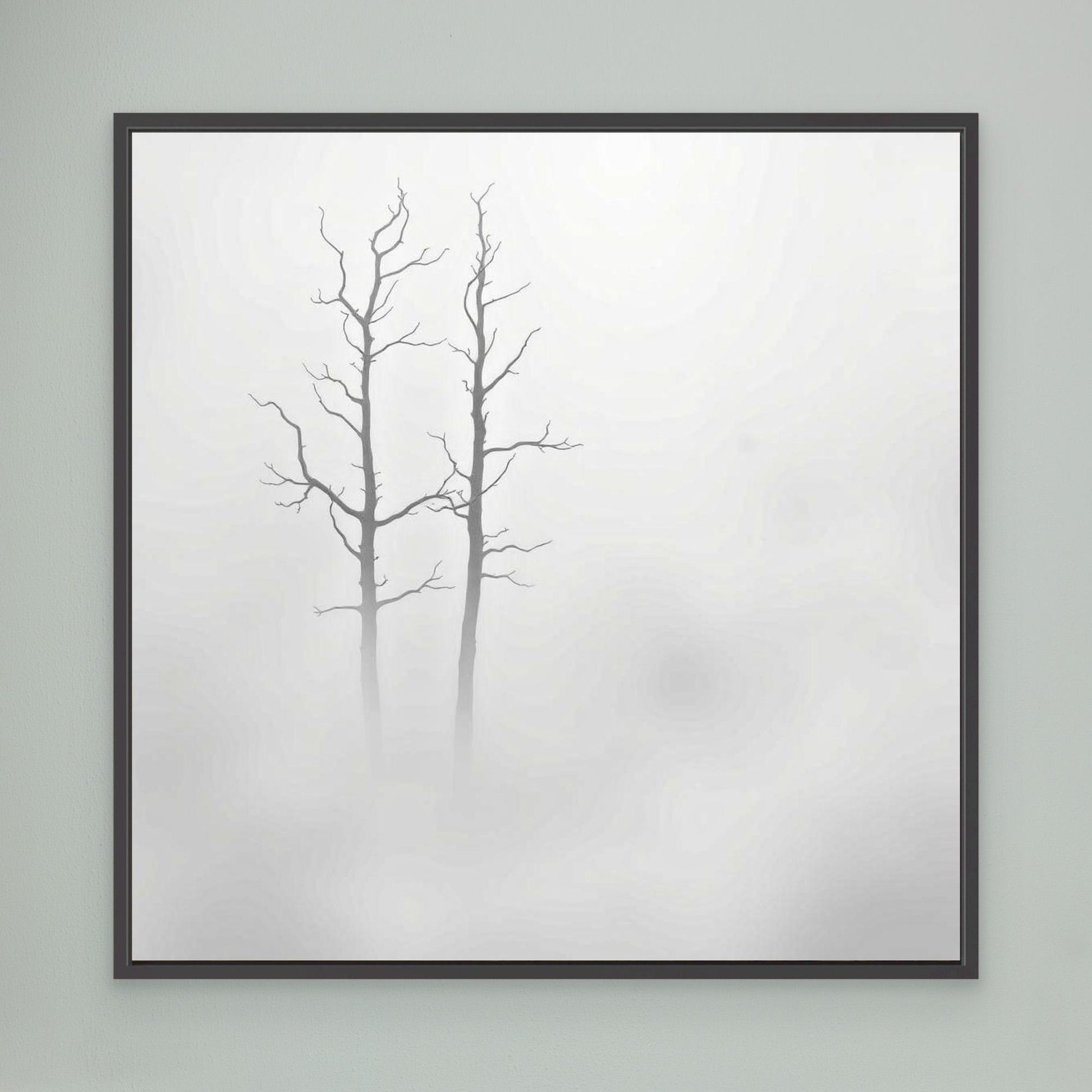 Echoes in the Fog – Minimalist Black and White Nature Canvas Art | Misty Trees Wall Decor