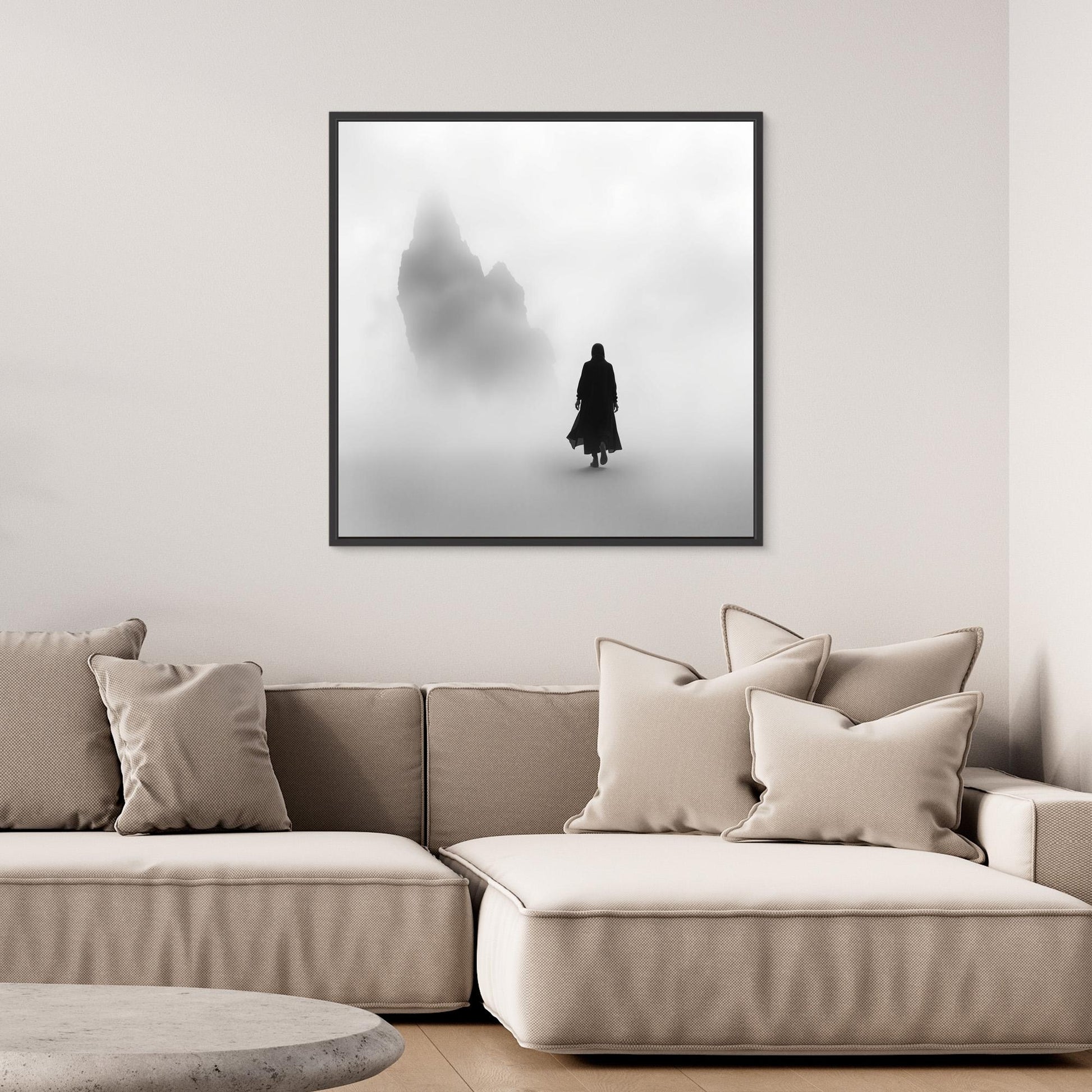 Into the Silence – Minimalist Black and White Canvas Art of Solitary Figure in Foggy Landscape