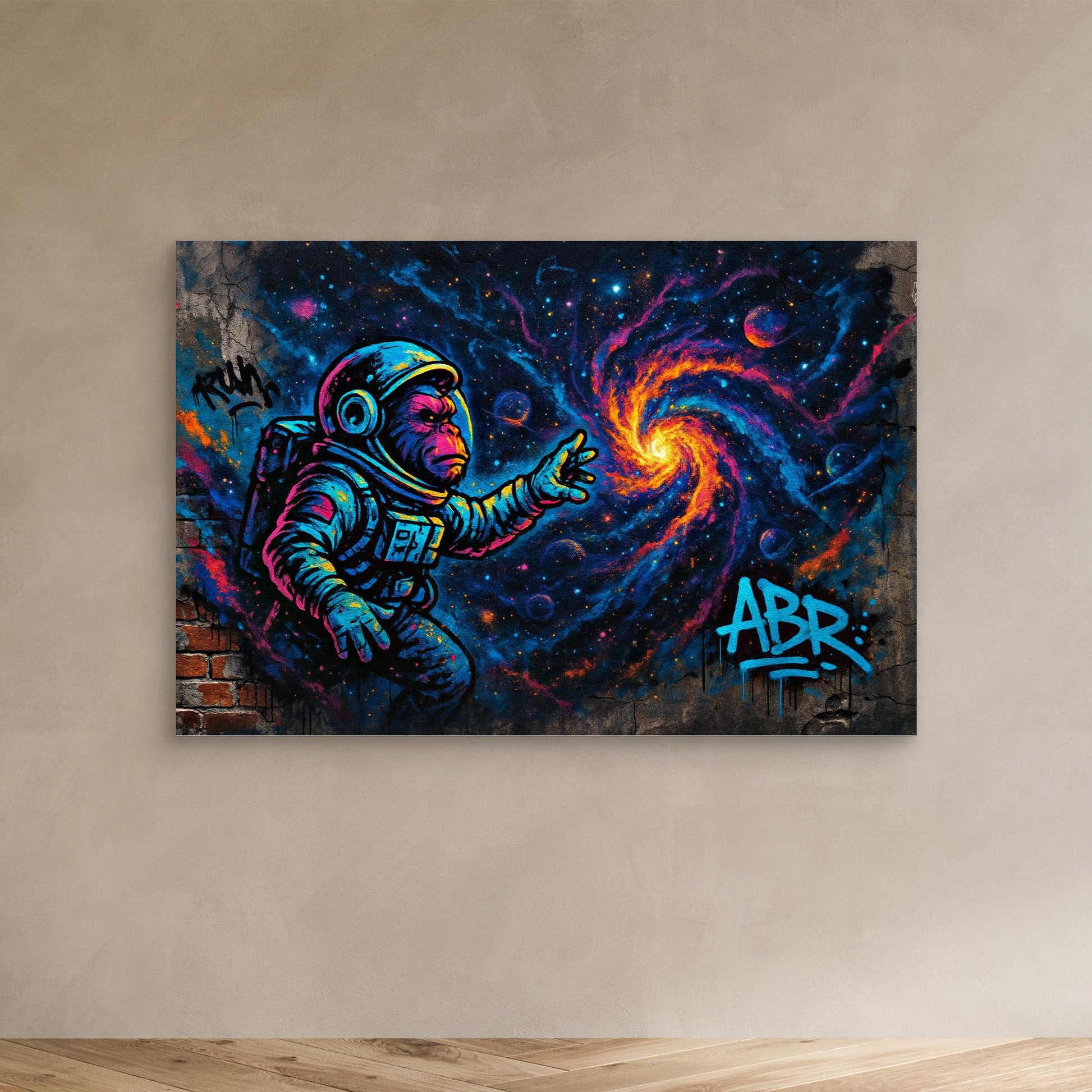 Astronaut Ape Canvas Wall Art – Neon Space Graffiti Print