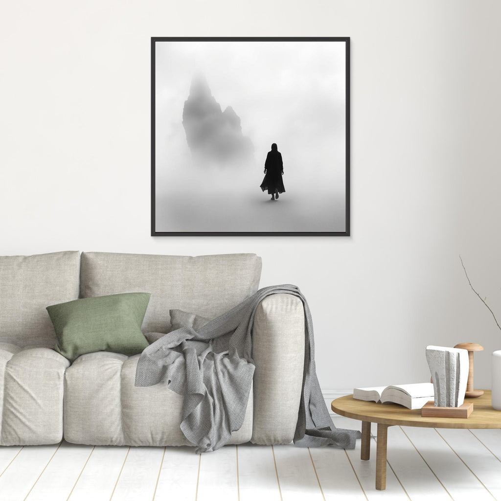 Into the Silence – Minimalist Black and White Canvas Art of Solitary Figure in Foggy Landscape