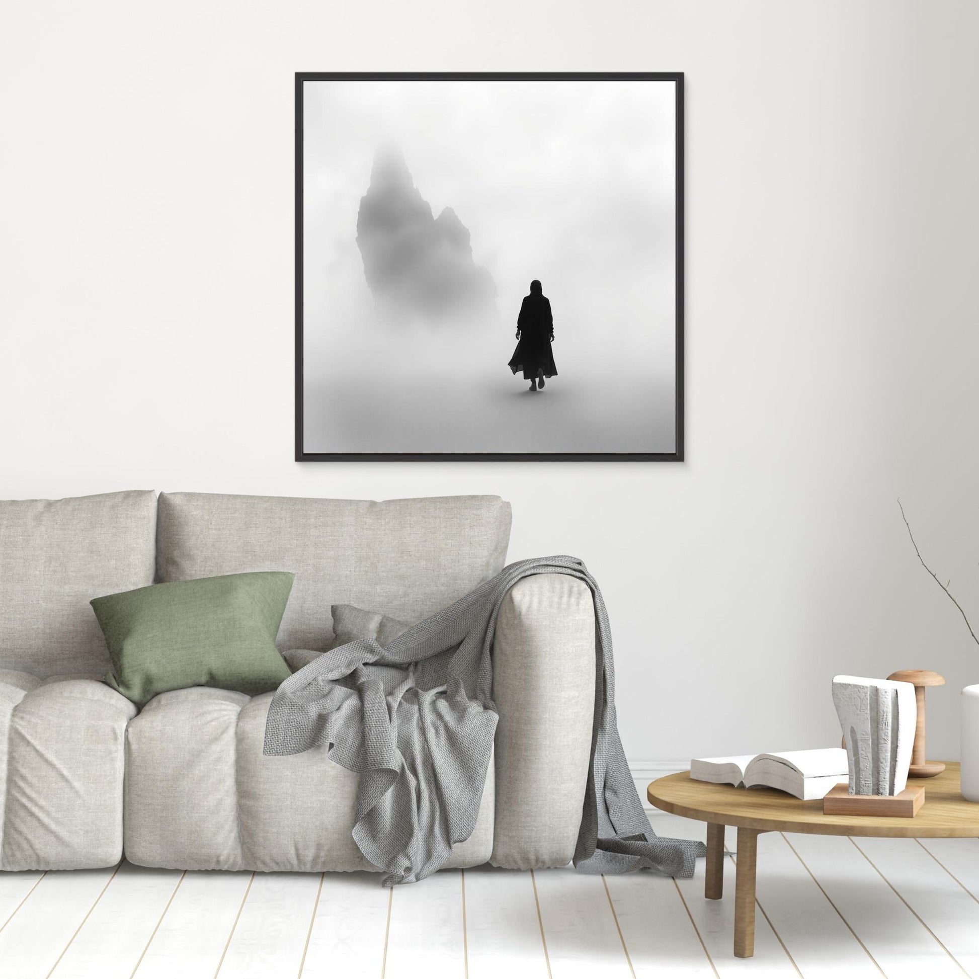 Into the Silence – Minimalist Black and White Canvas Art of Solitary Figure in Foggy Landscape