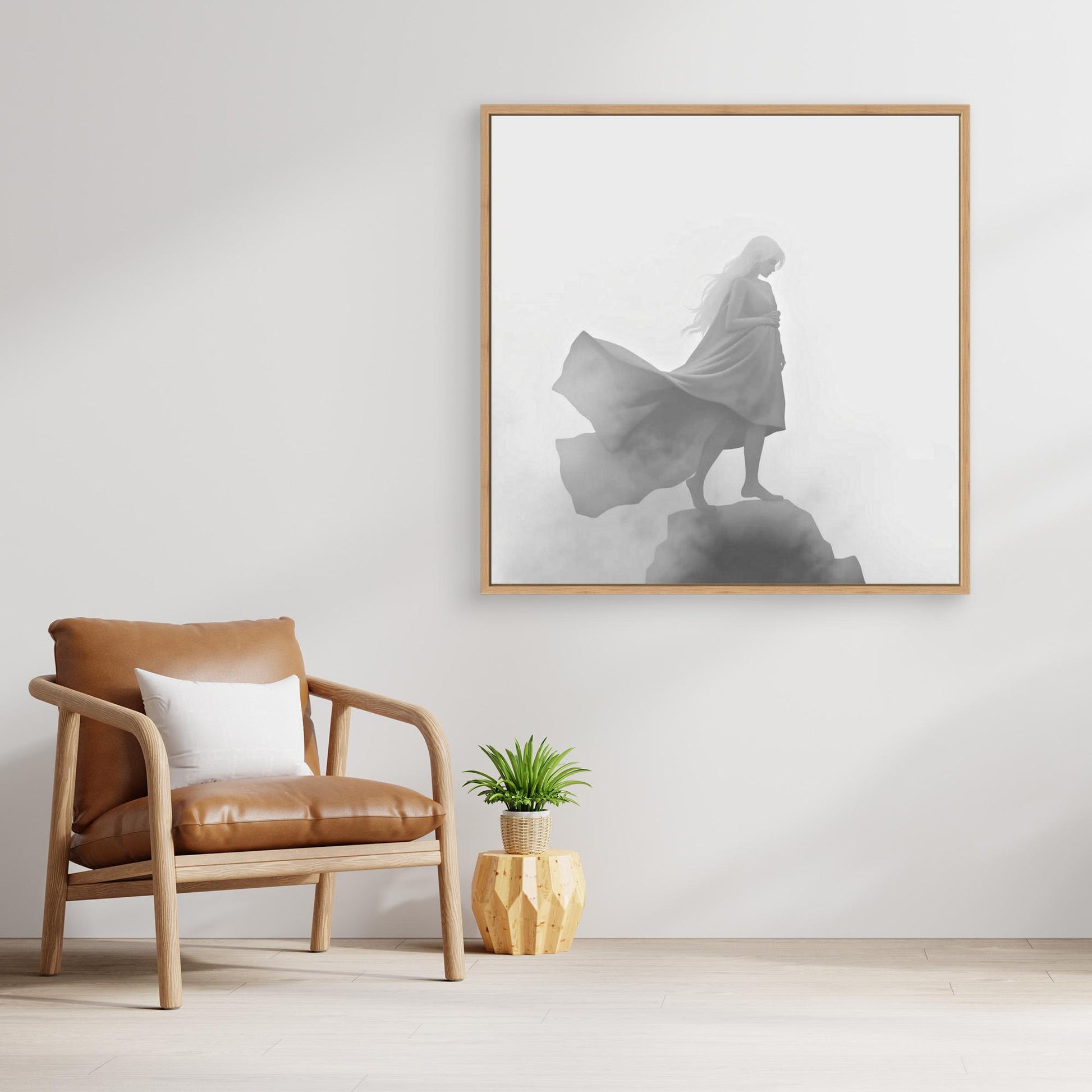 Veil of the Mist – Minimalist Black and White Canvas Wall Art of a Mysterious Woman in the Fog