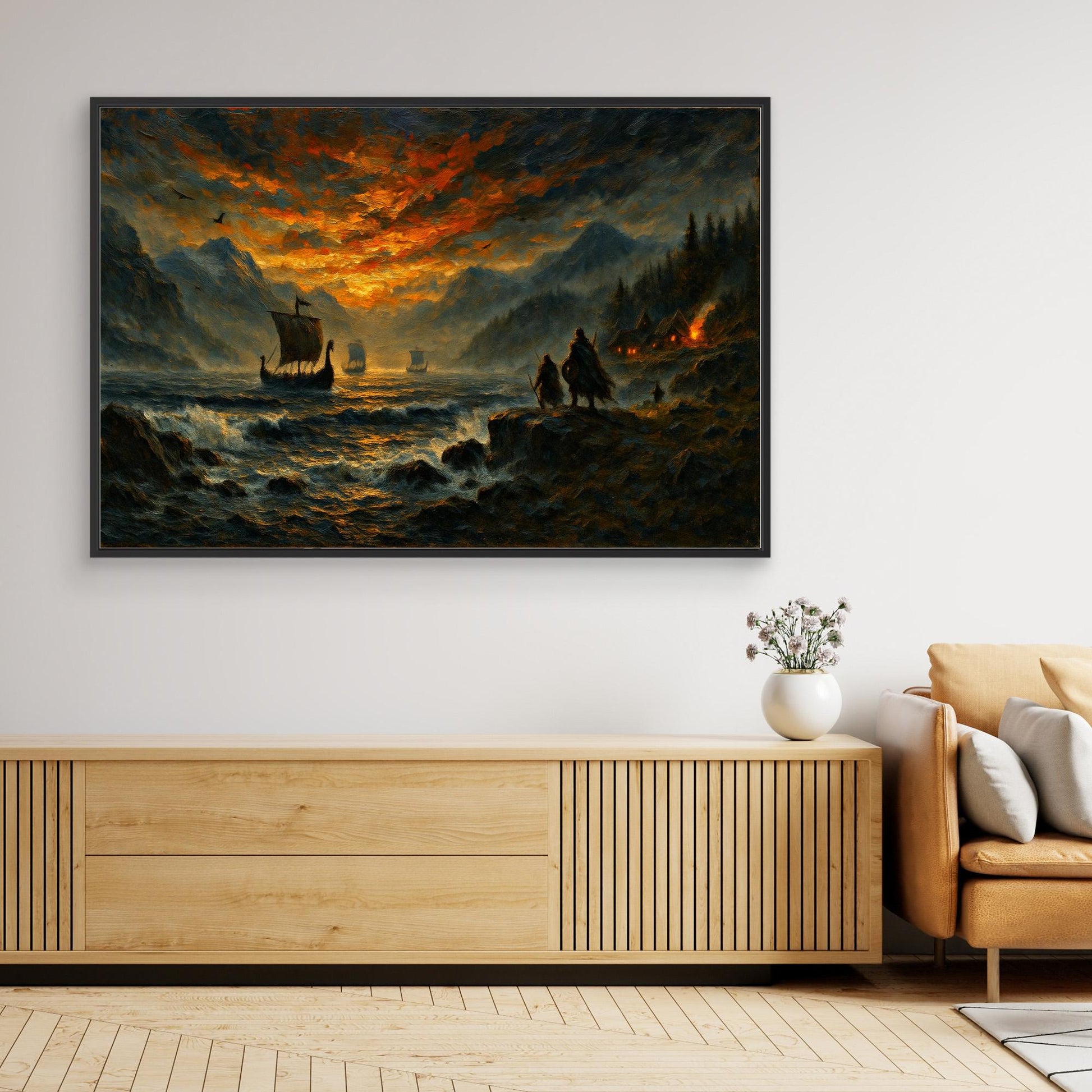 Viking Longship Canvas Wall Art – Dramatic Nordic Sunset Print