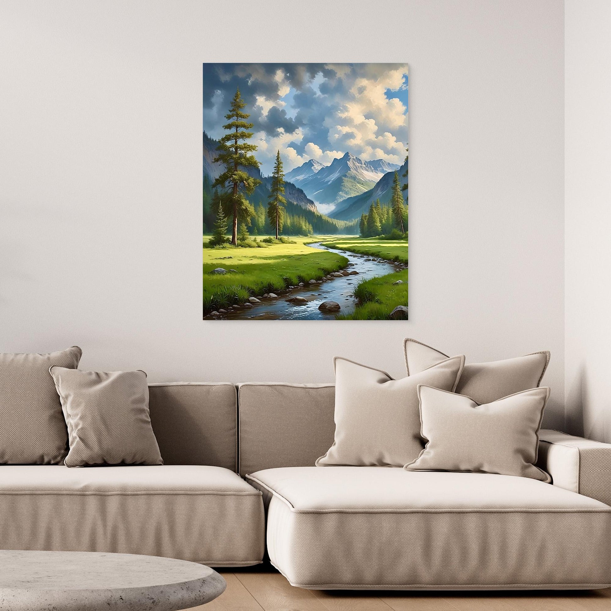 Mountain Valley Canvas Wall Art – Scenic River, Forest & Clouds Landscape Print