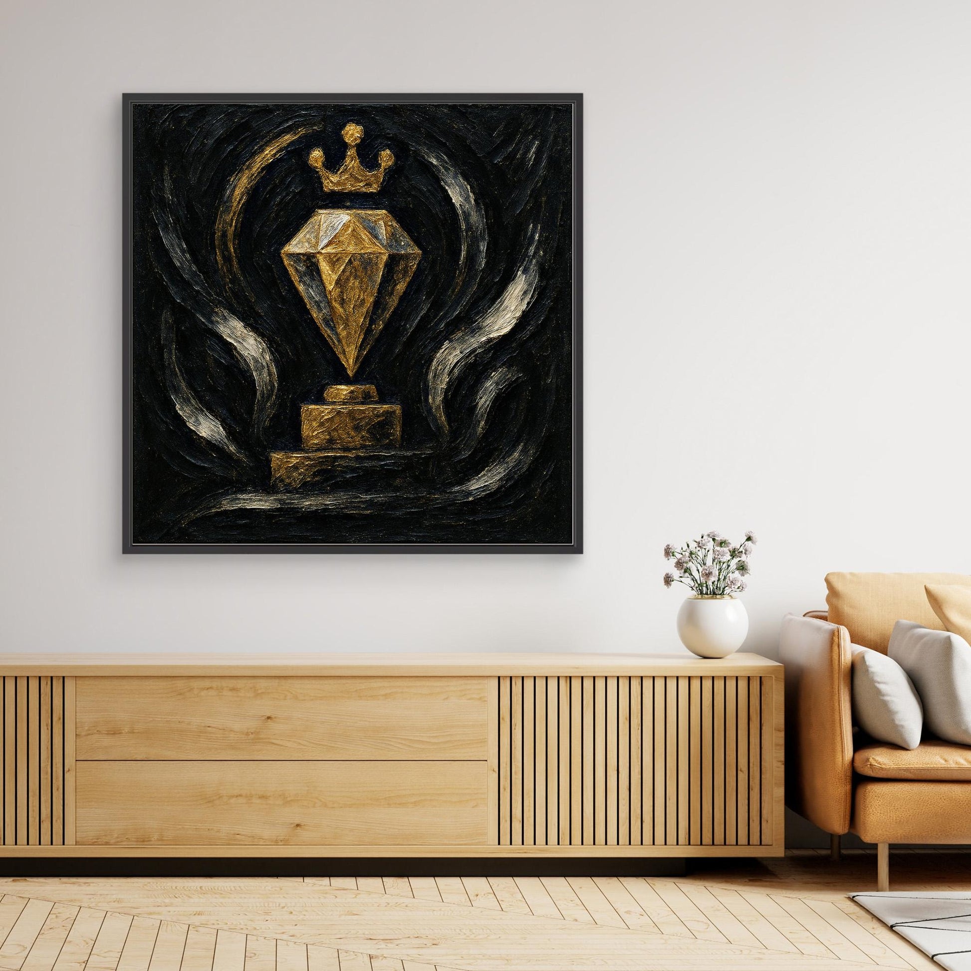 Gold Crowned Diamond – Abstract Canvas Wall Art in Black & Gold