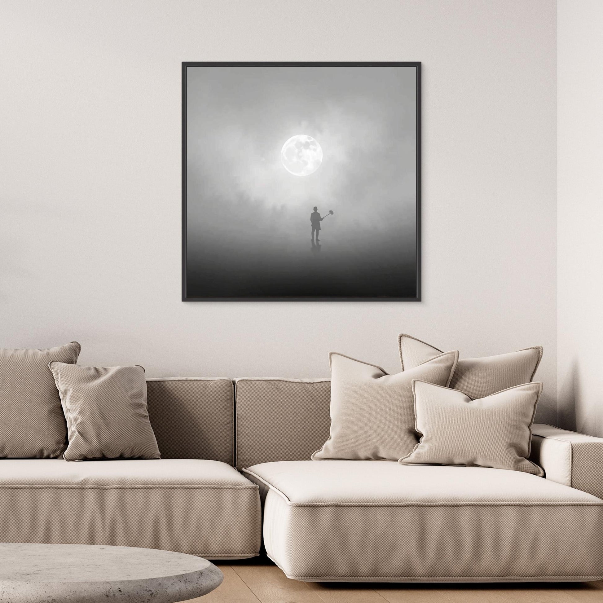 The Digger of Dreams – Minimalist Misty Landscape Art with Full Moon & Shovel Silhouette”