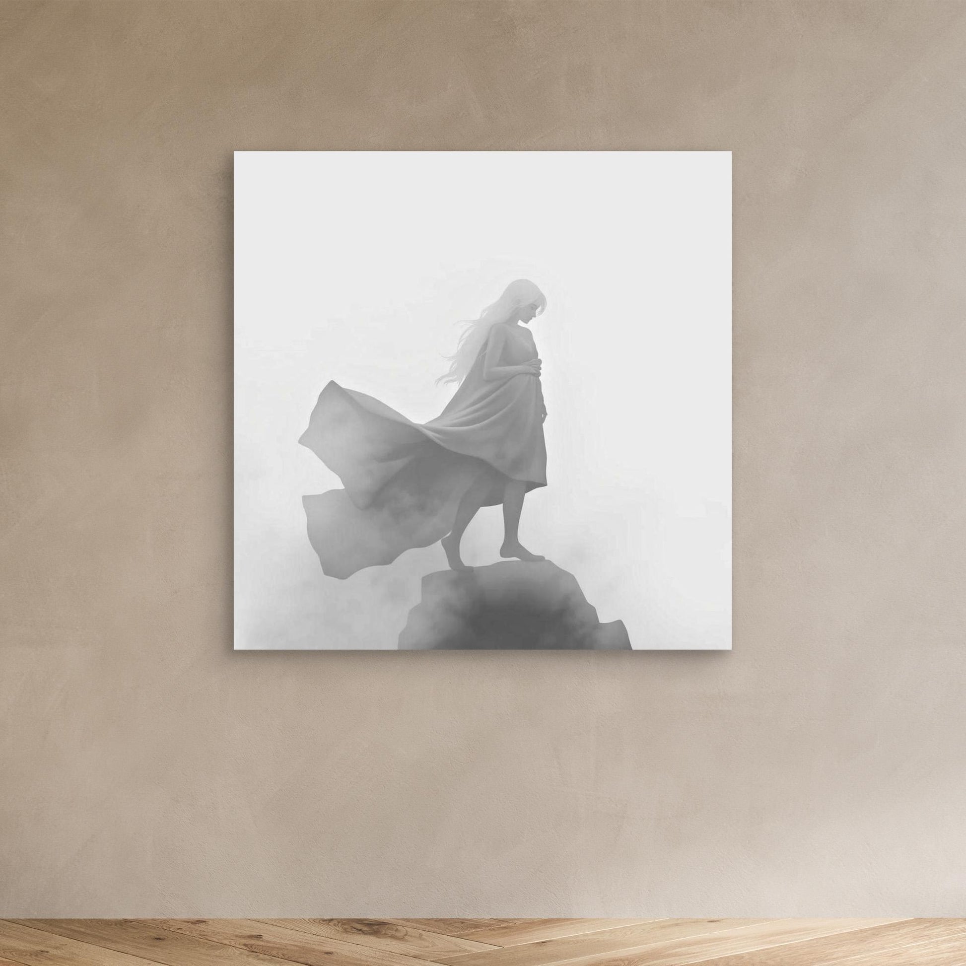 Veil of the Mist – Minimalist Black and White Canvas Wall Art of a Mysterious Woman in the Fog