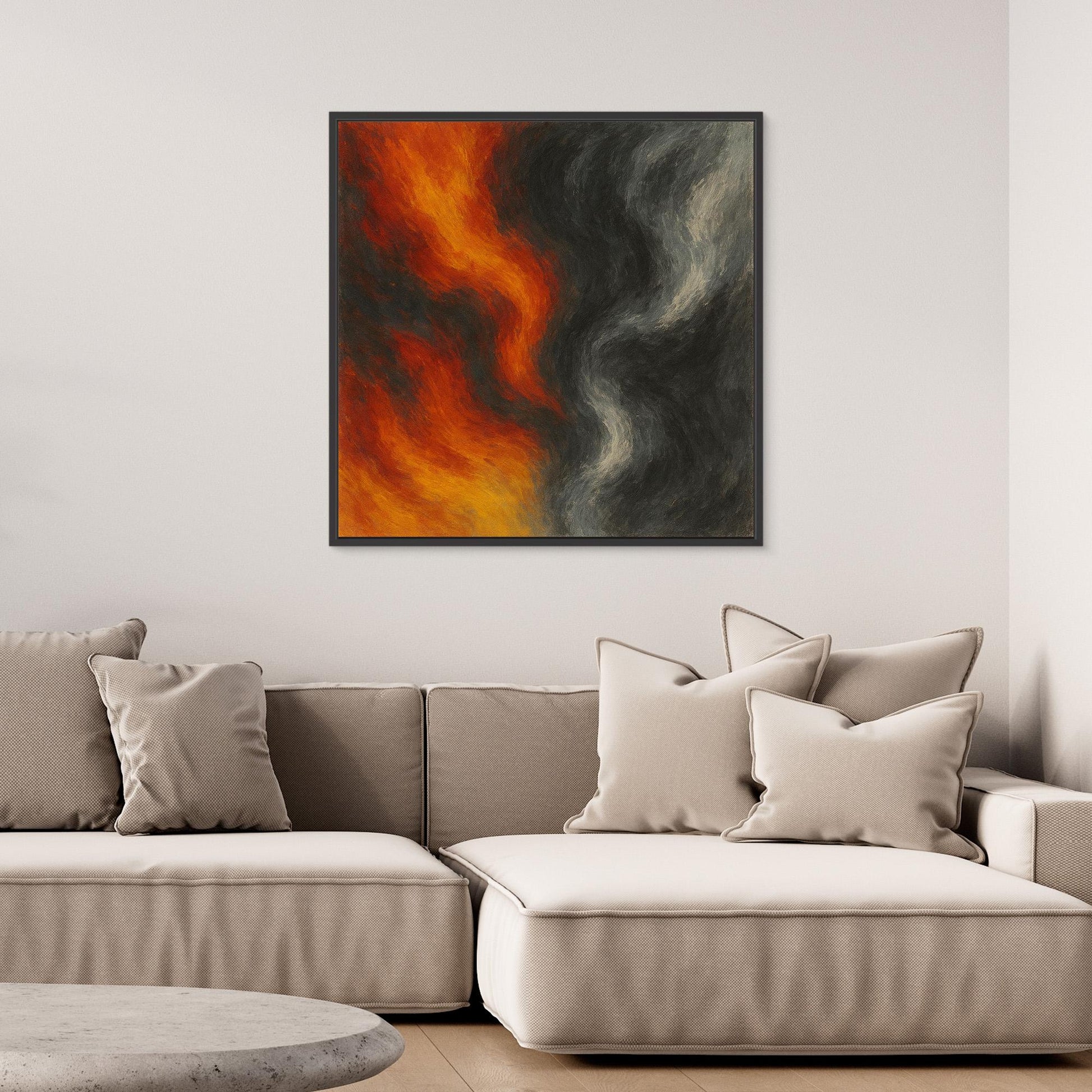 Elemental Flow – Fiery Red and Smoke Grey Abstract Canvas Print