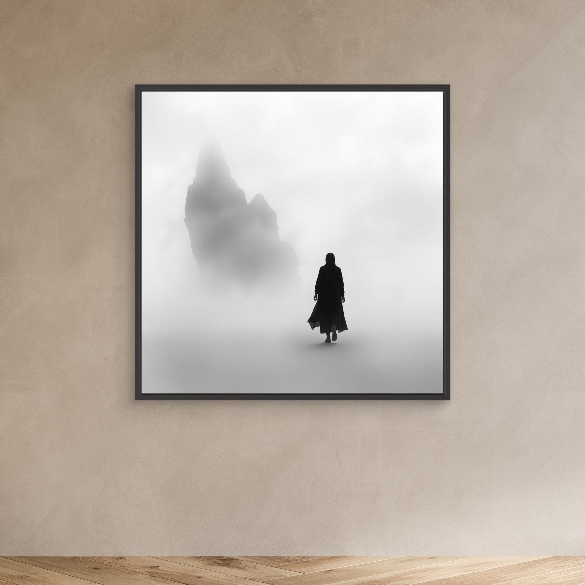 Into the Silence – Minimalist Black and White Canvas Art of Solitary Figure in Foggy Landscape