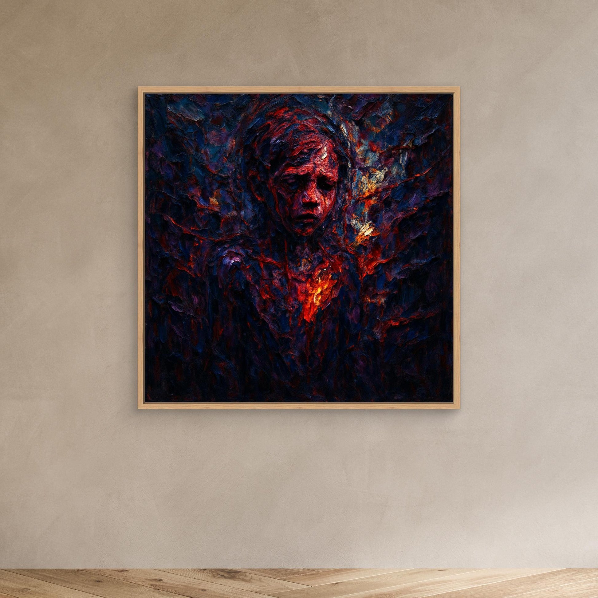 Figurative Fire Portrait – Dark Emotional Canvas Wall Art