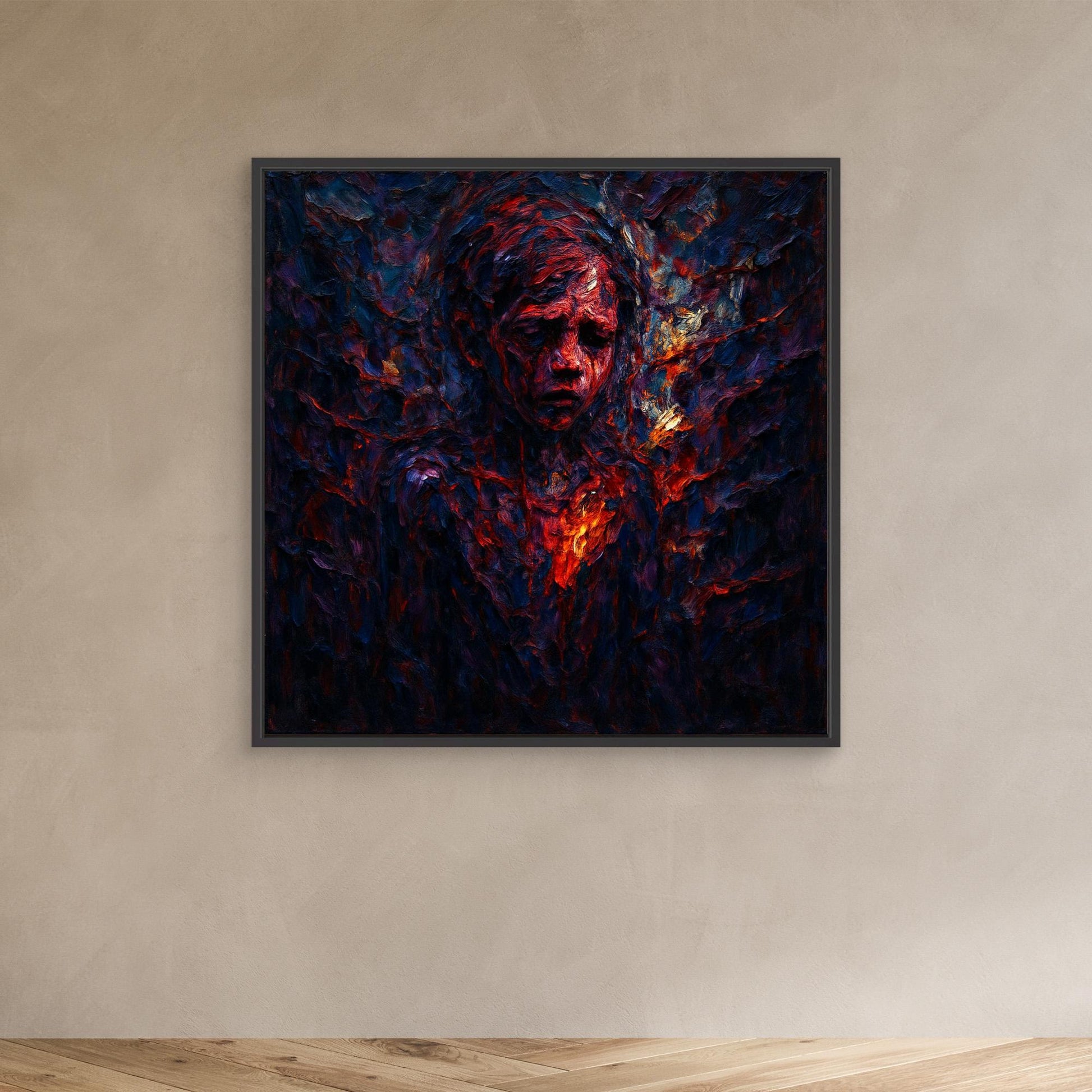 Figurative Fire Portrait – Dark Emotional Canvas Wall Art