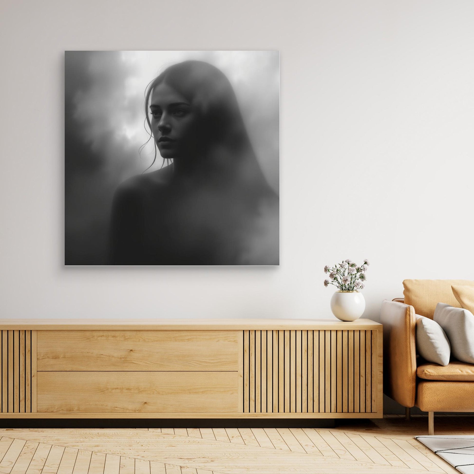 Veiled in Shadows – Black and White Portrait Canvas Print | Emotional Fine Art Photography