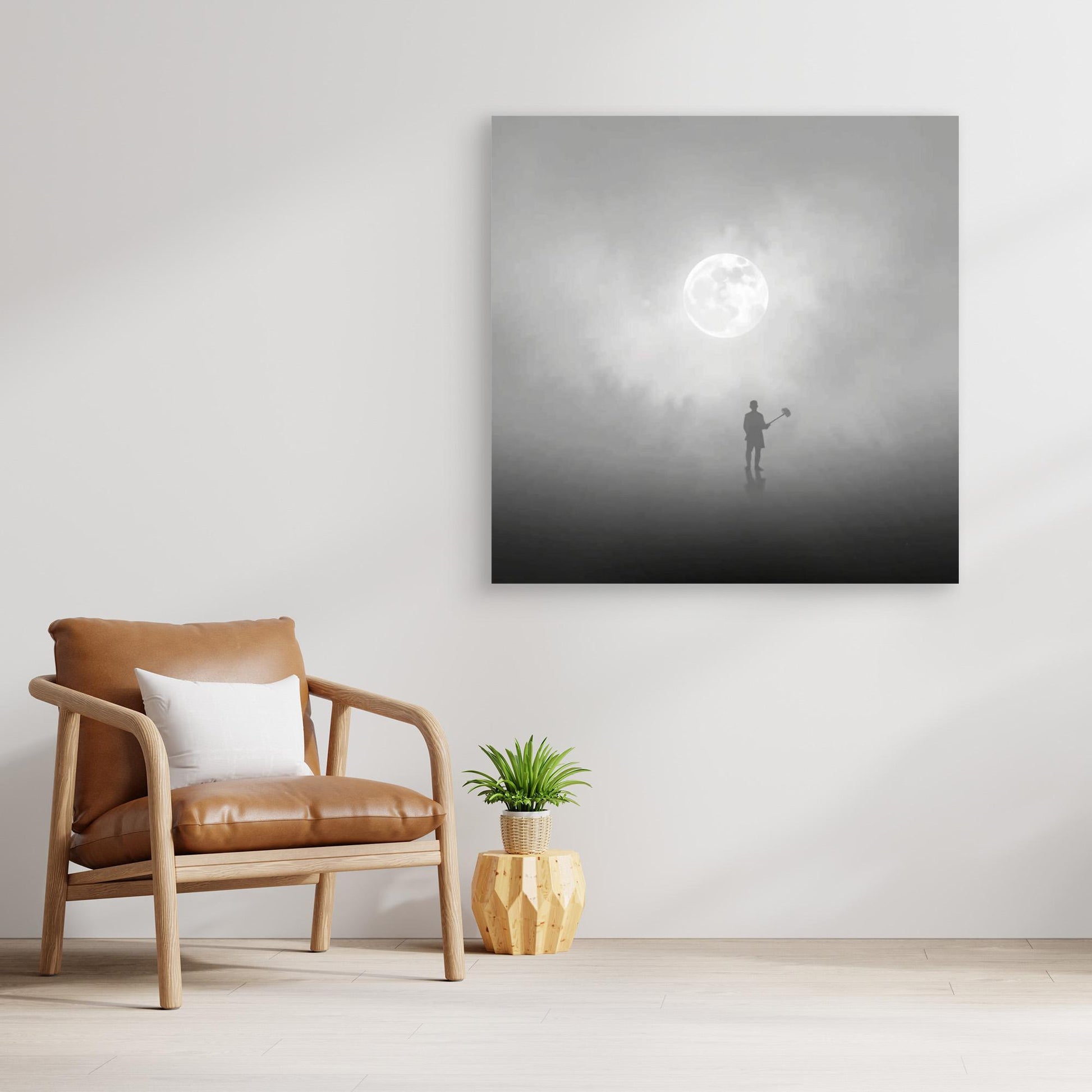 The Digger of Dreams – Minimalist Misty Landscape Art with Full Moon & Shovel Silhouette”