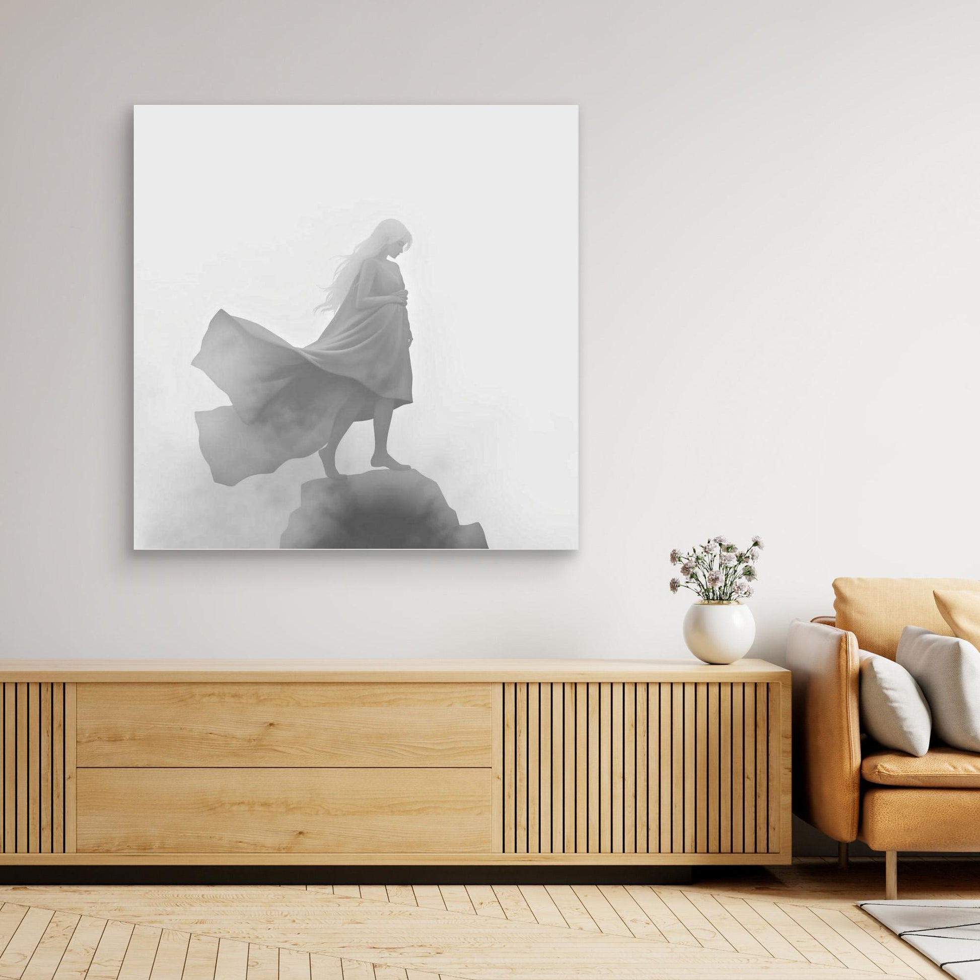 Veil of the Mist – Minimalist Black and White Canvas Wall Art of a Mysterious Woman in the Fog