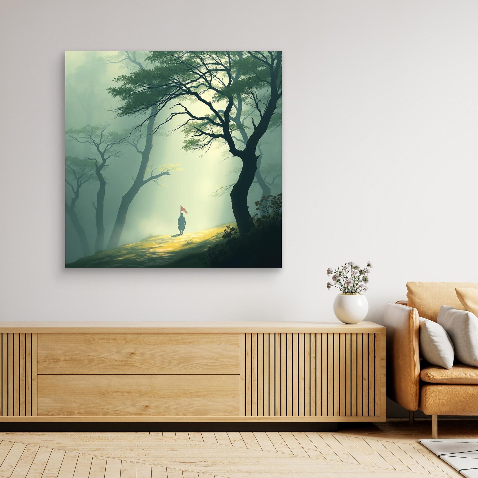 Path of Resolve – Minimalist Forest Canvas Wall Art with Lone Figure and Red Flag