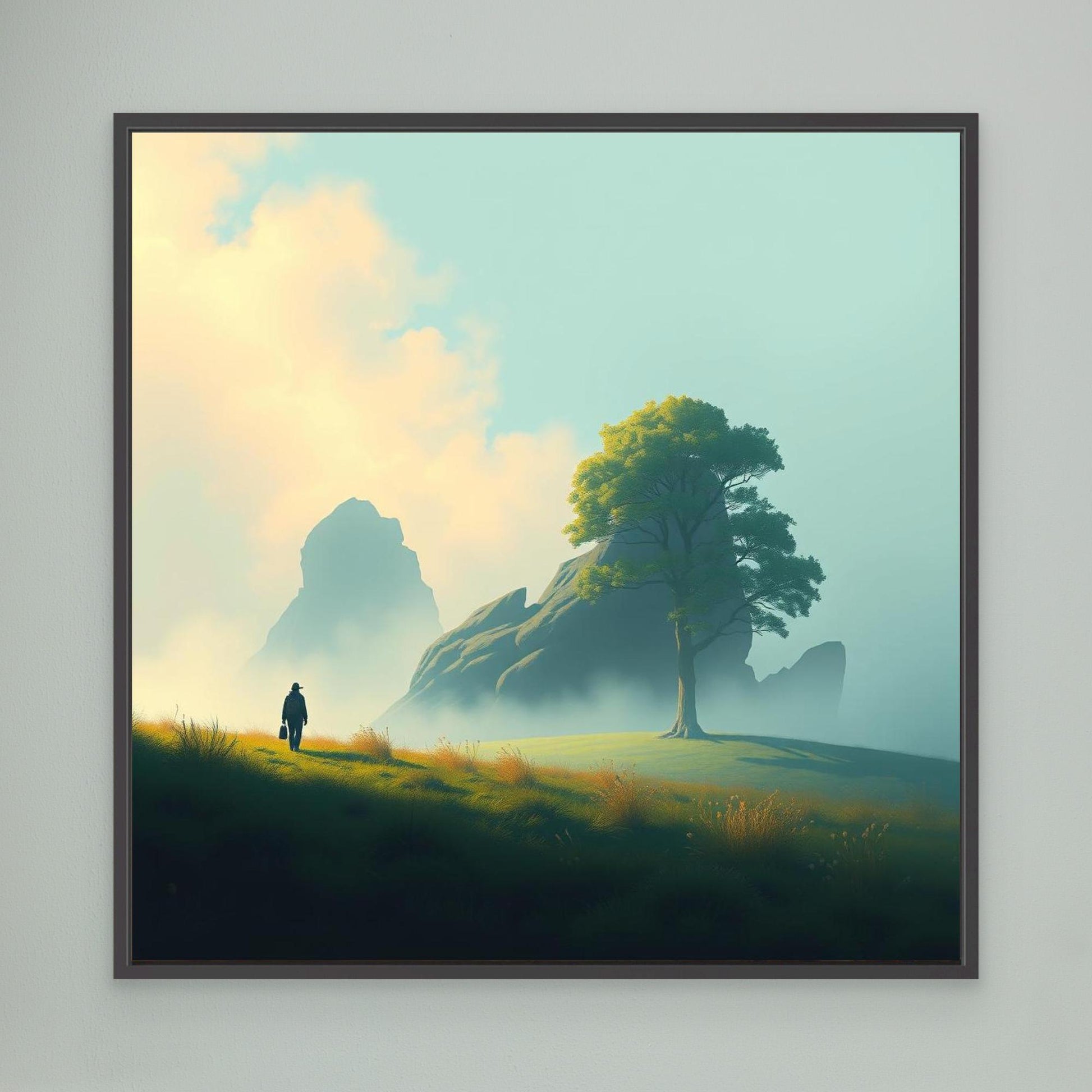 Lone Journey – Minimalist Nature Canvas Print | Serene Landscape Wall Art with Tree and Mountains