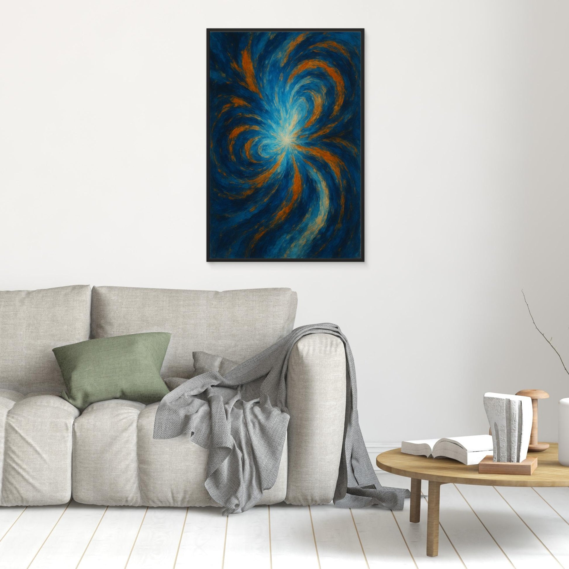 Blue and Orange Abstract Canvas Wall Art – Swirling Energy Print