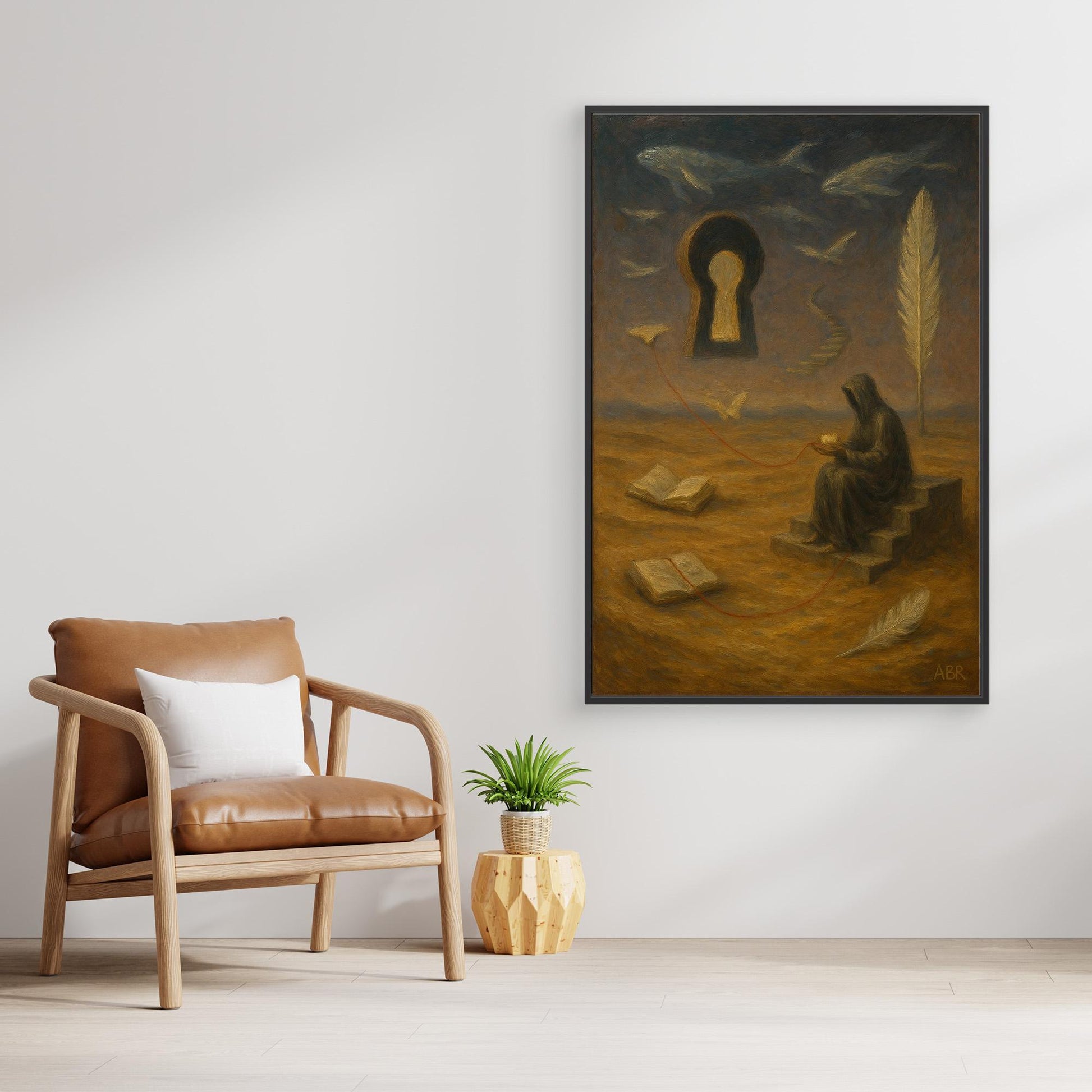 Surreal Canvas Wall Art – Hooded Figure and Keyhole