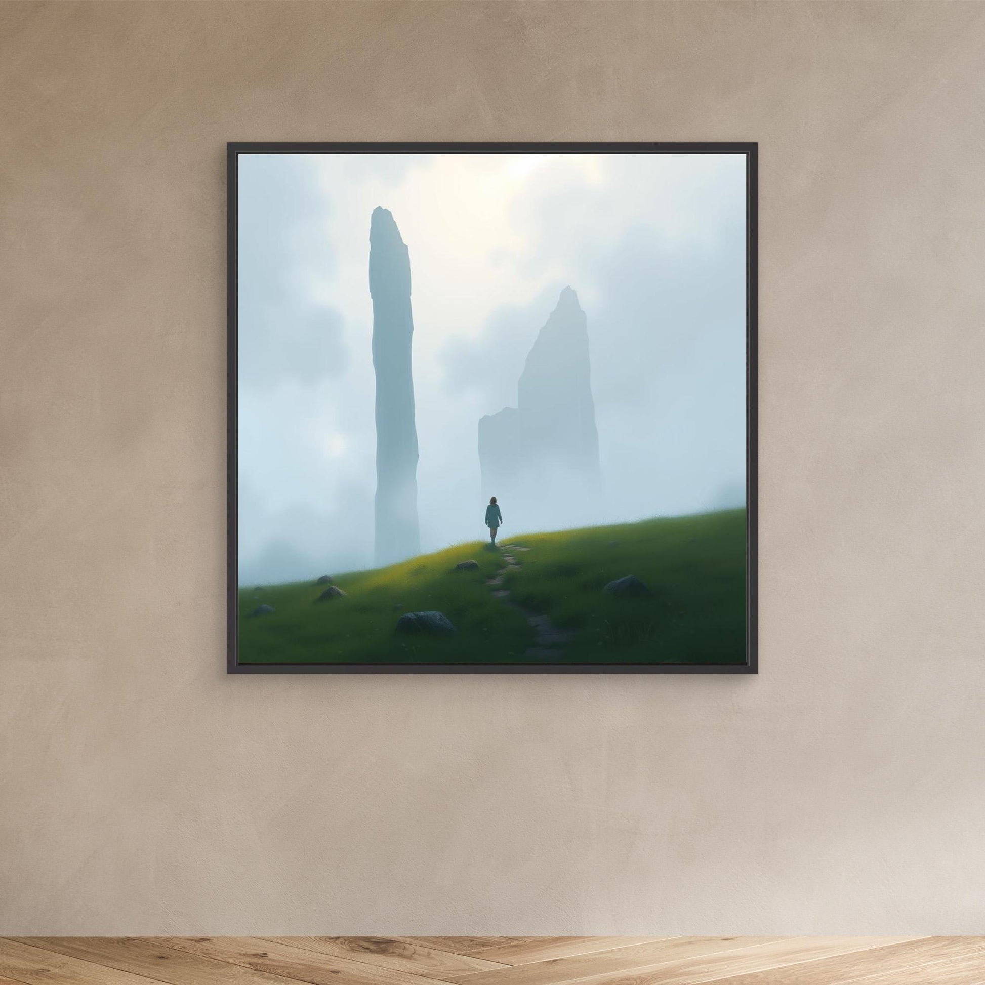 Wanderer of the Mist – Minimalist Nature Canvas Wall Art | Foggy Mountains & Lone Explorer Print