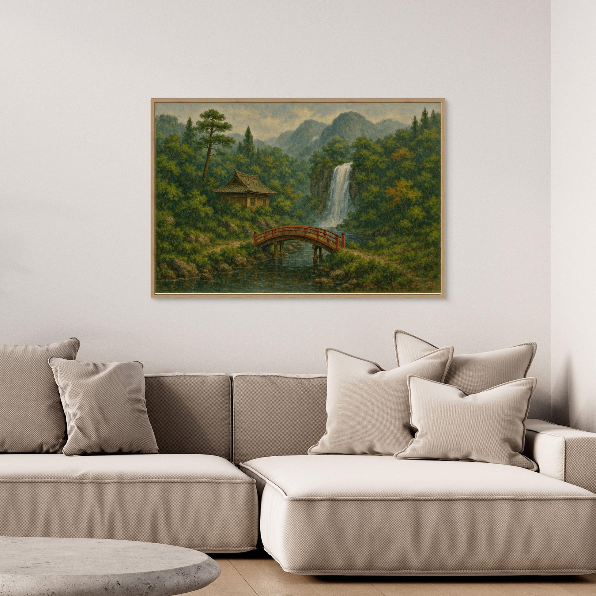 Japanese Bridge & Waterfall Canvas Wall Art – Tranquil Nature Landscape Print