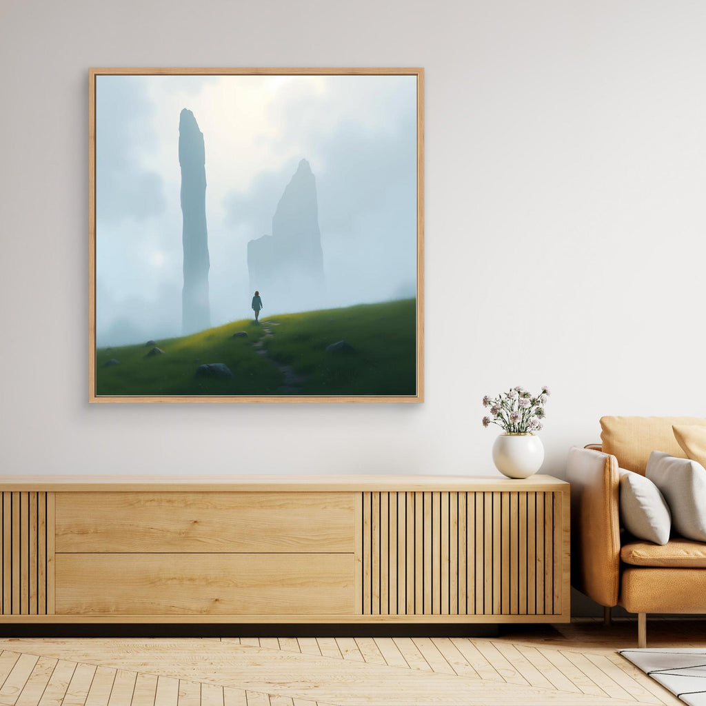 Wanderer of the Mist – Minimalist Nature Canvas Wall Art | Foggy Mountains & Lone Explorer Print
