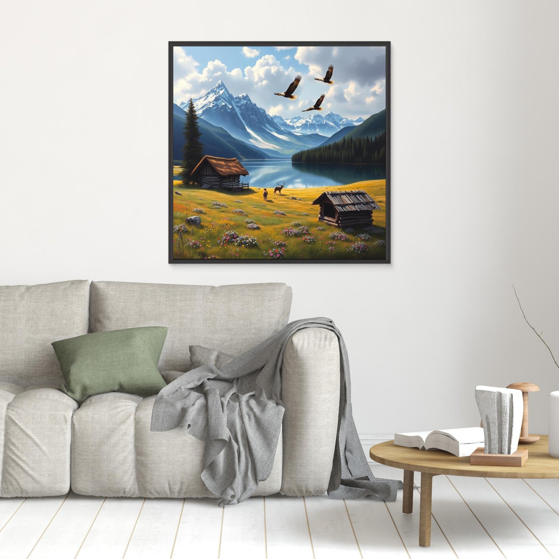 Golden Meadow Escape – Cabin, Eagles & Deer in Mountain Valley