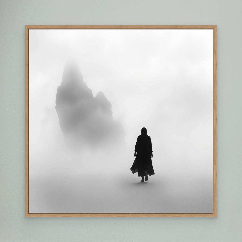 Into the Silence – Minimalist Black and White Canvas Art of Solitary Figure in Foggy Landscape