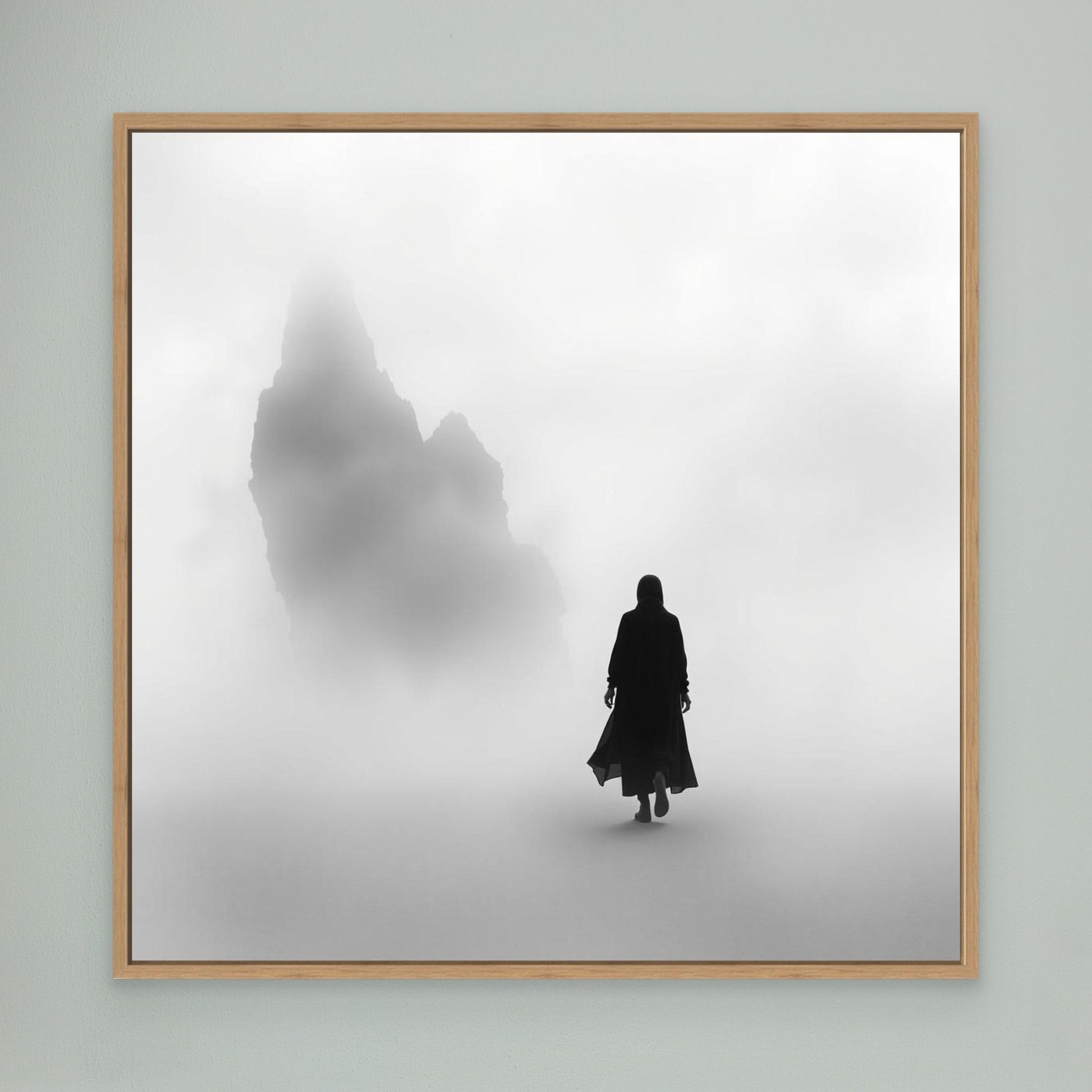 Into the Silence – Minimalist Black and White Canvas Art of Solitary Figure in Foggy Landscape