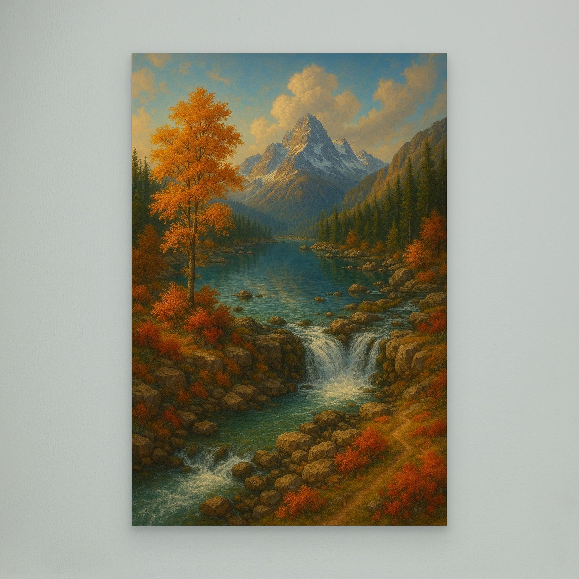 Mountain Waterfall Canvas Wall Art – Autumn Nature Landscape Print