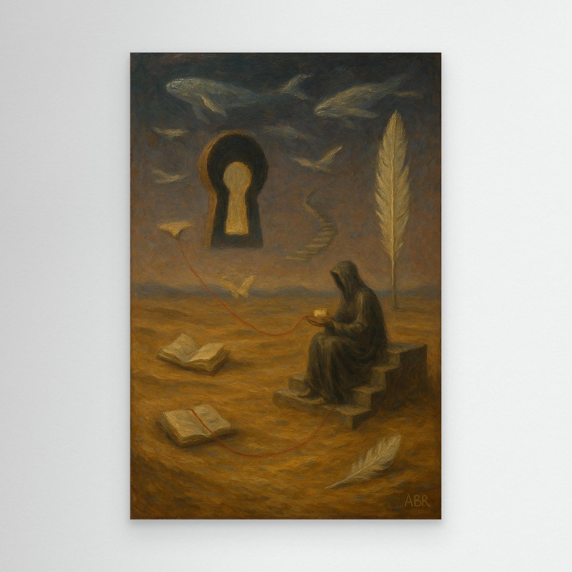 Surreal Canvas Wall Art – Hooded Figure and Keyhole