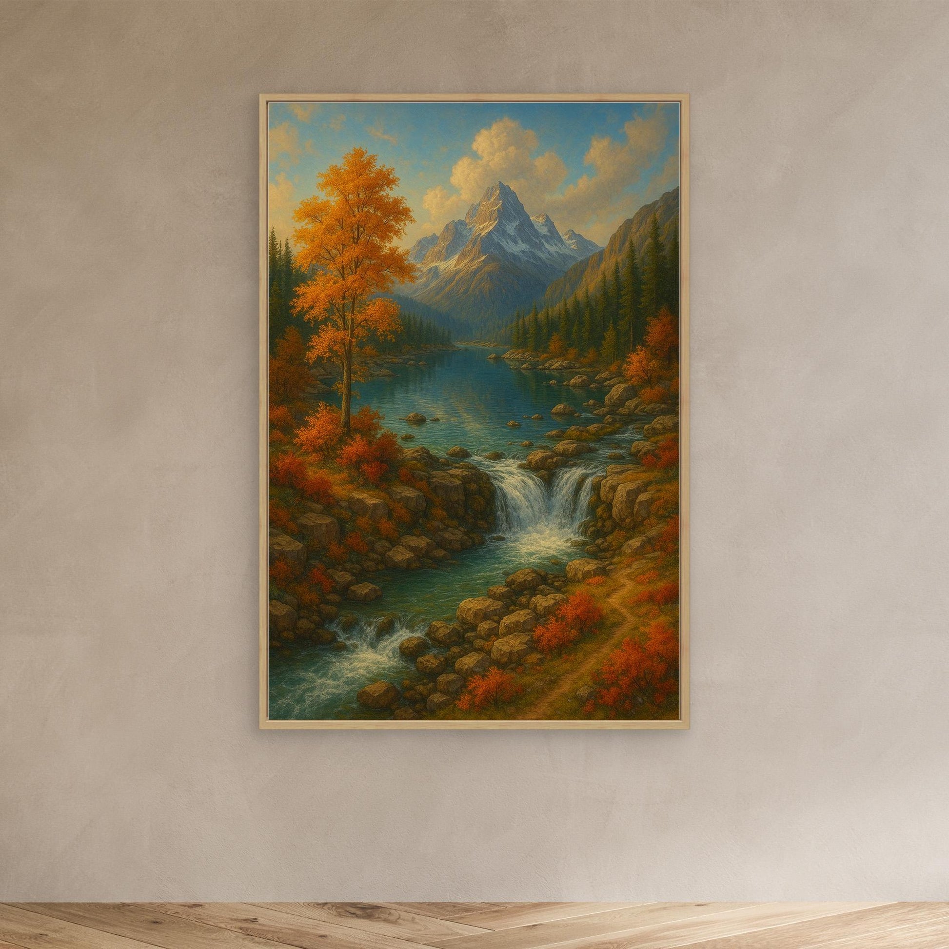 Mountain Waterfall Canvas Wall Art – Autumn Nature Landscape Print