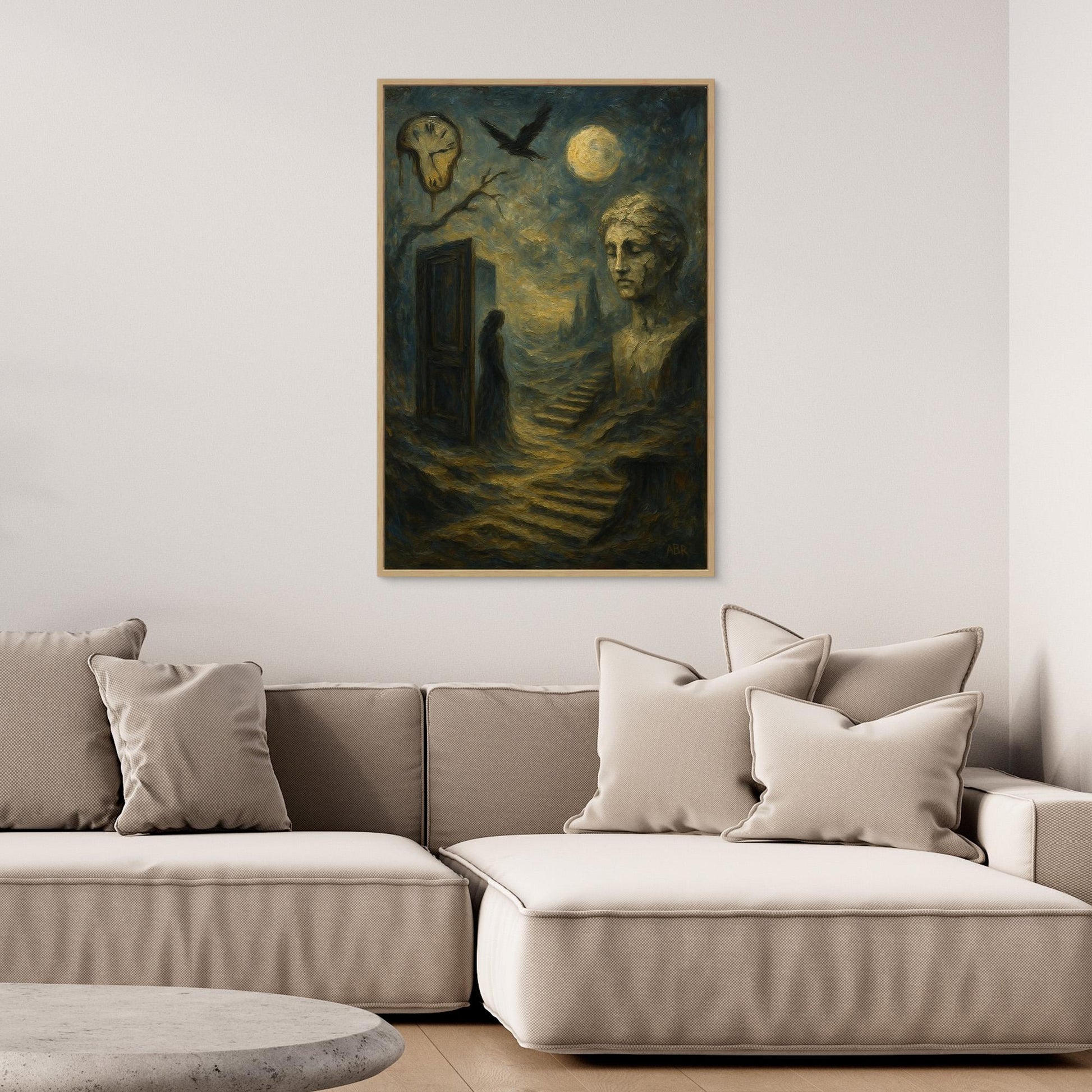 Surreal Dreamscape Canvas Wall Art – Moon and Statue