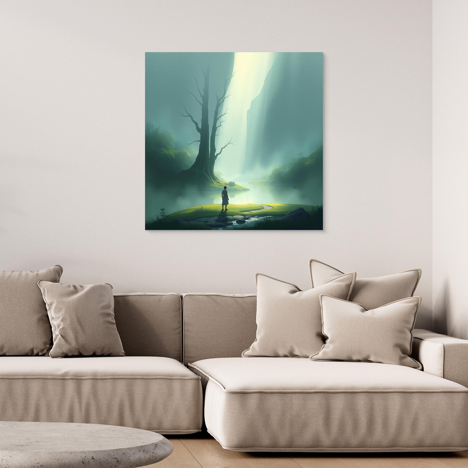 Misty Valley Awakening – Minimalist Nature Canvas Wall Art with Soft Light and Serenity