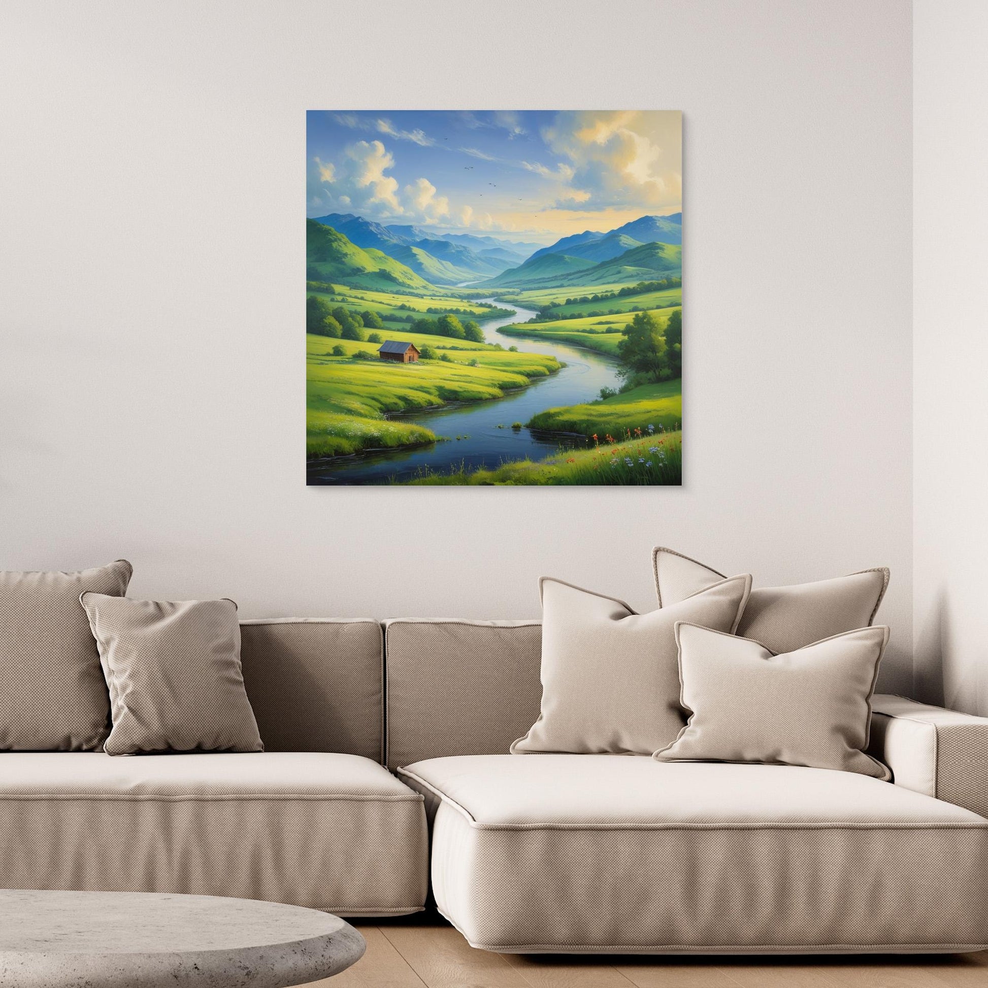 Valley of Light – Peaceful Mountain River Landscape Canvas