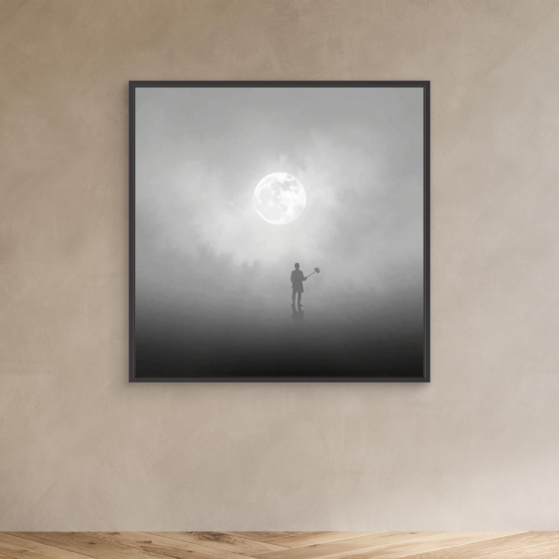 The Digger of Dreams – Minimalist Misty Landscape Art with Full Moon & Shovel Silhouette”