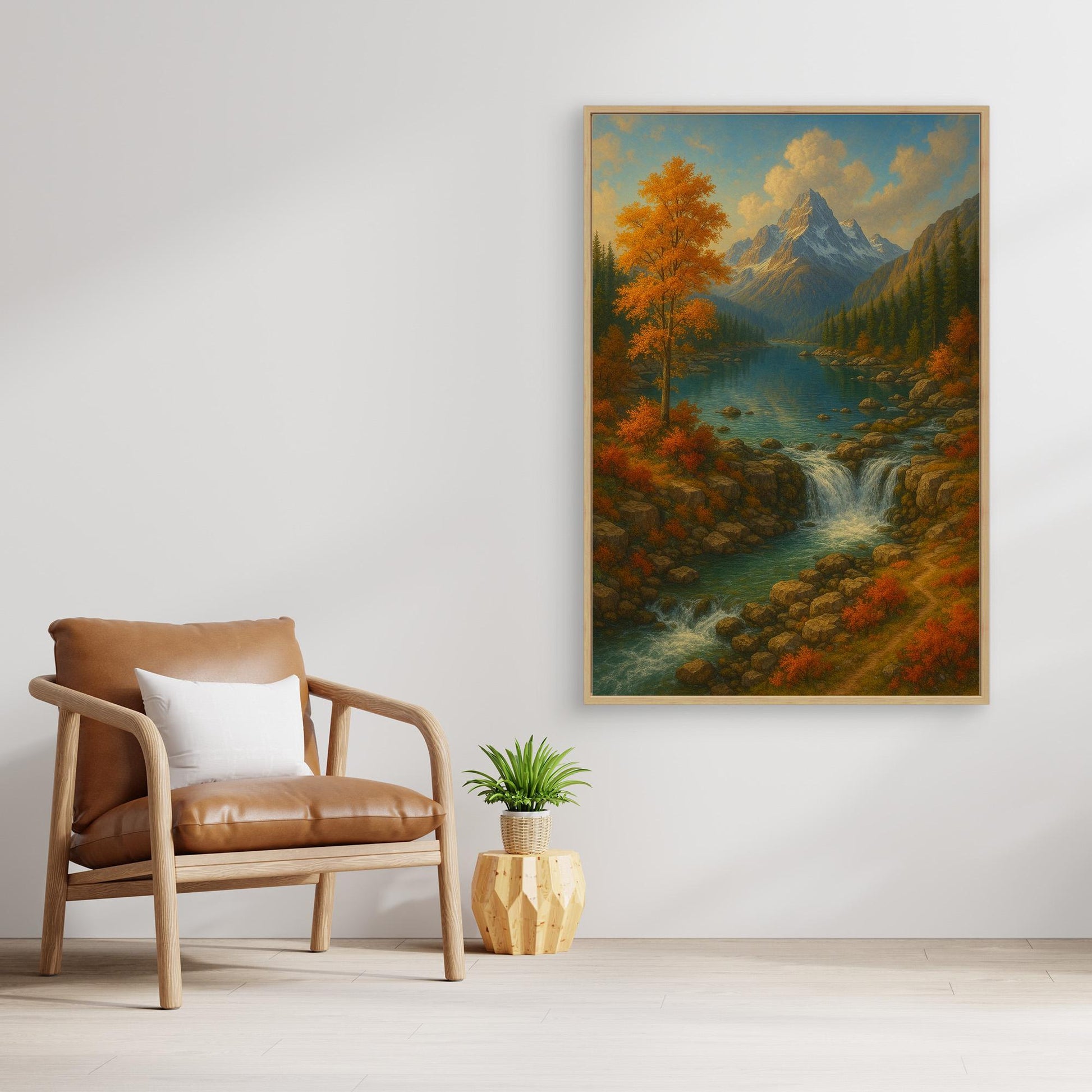 Mountain Waterfall Canvas Wall Art – Autumn Nature Landscape Print