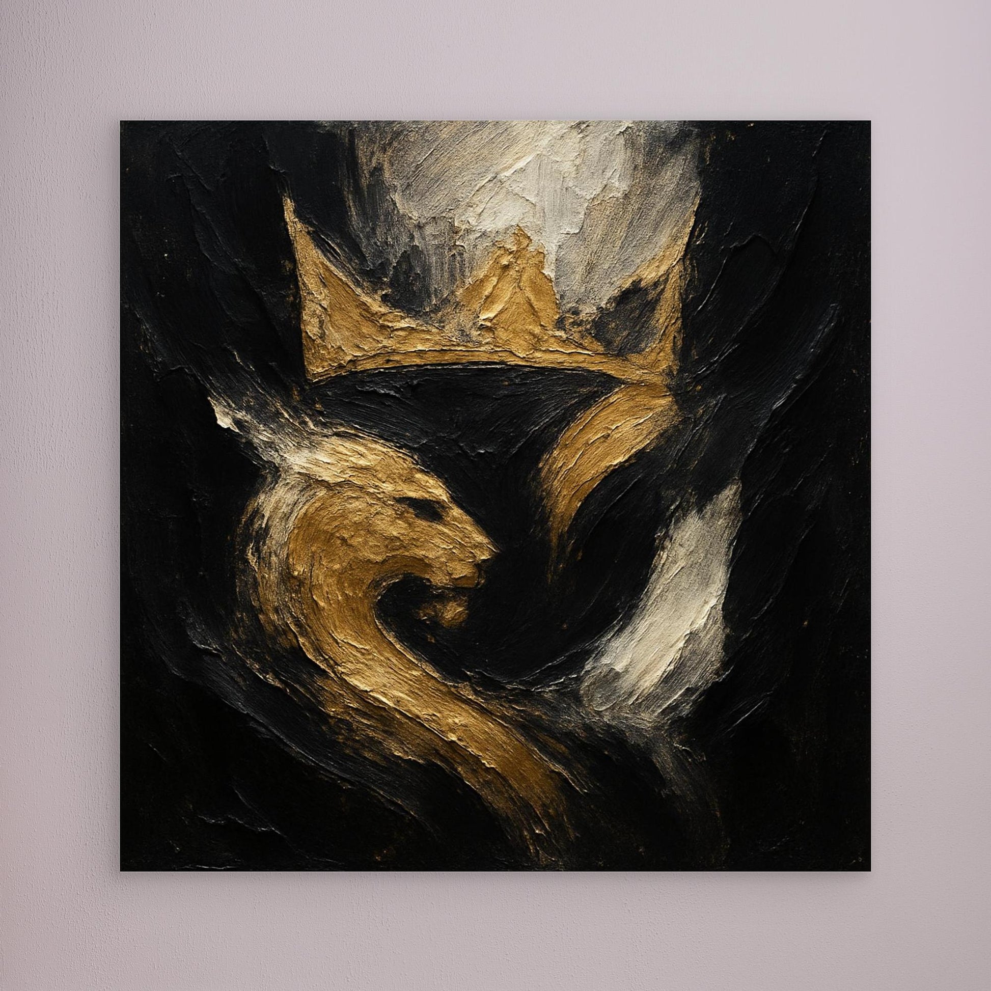 Crowned Lion Canvas Wall Art – Abstract Gold and Black Painting