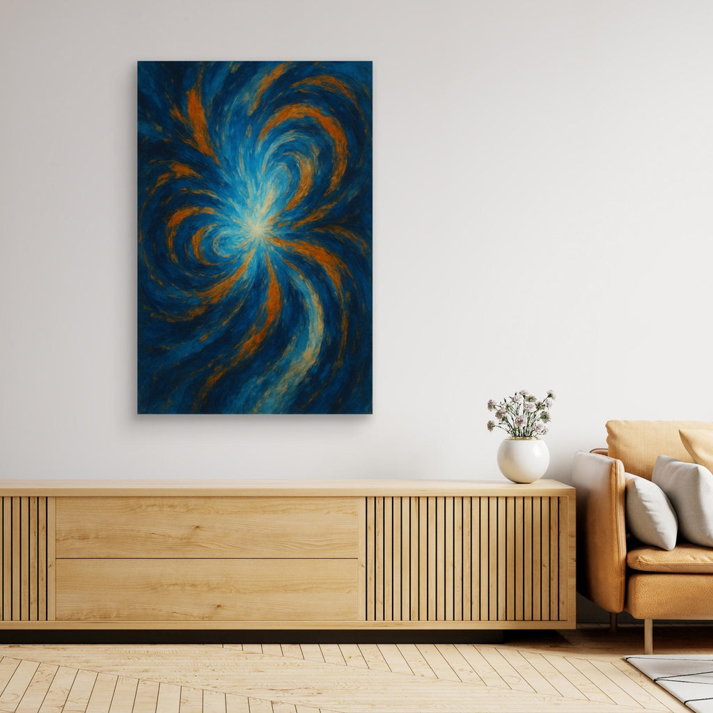 Blue and Orange Abstract Canvas Wall Art – Swirling Energy Print
