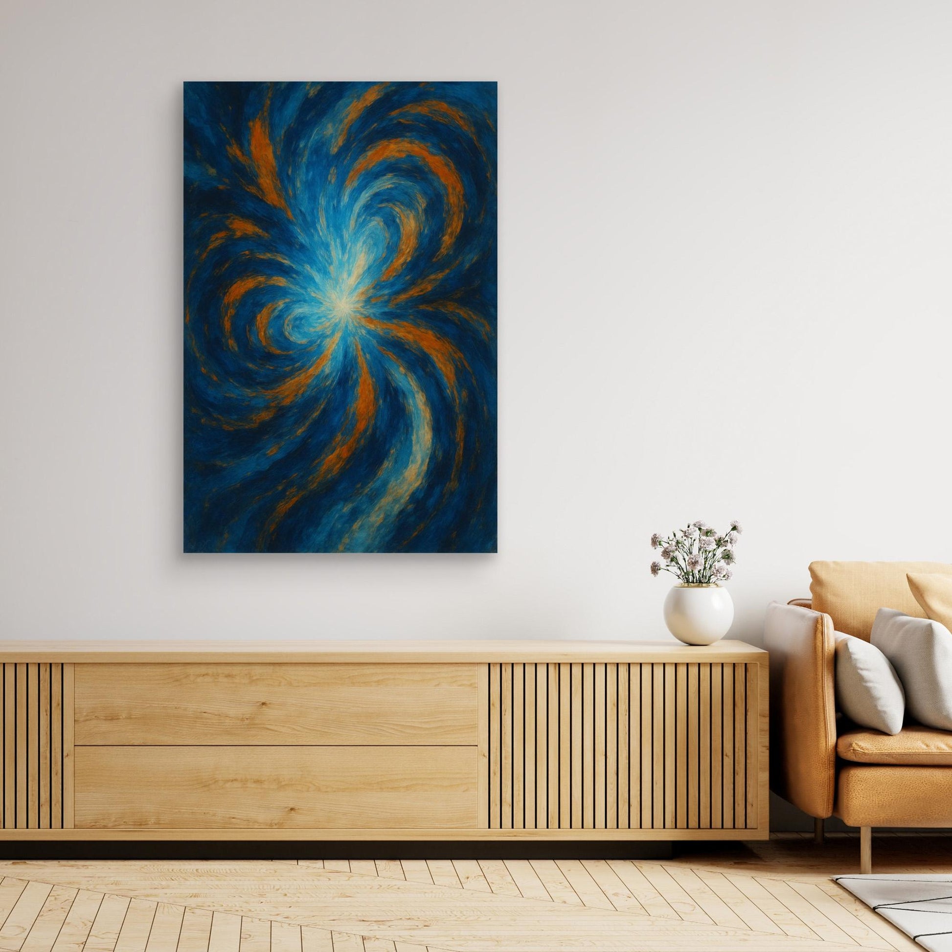 Blue and Orange Abstract Canvas Wall Art – Swirling Energy Print